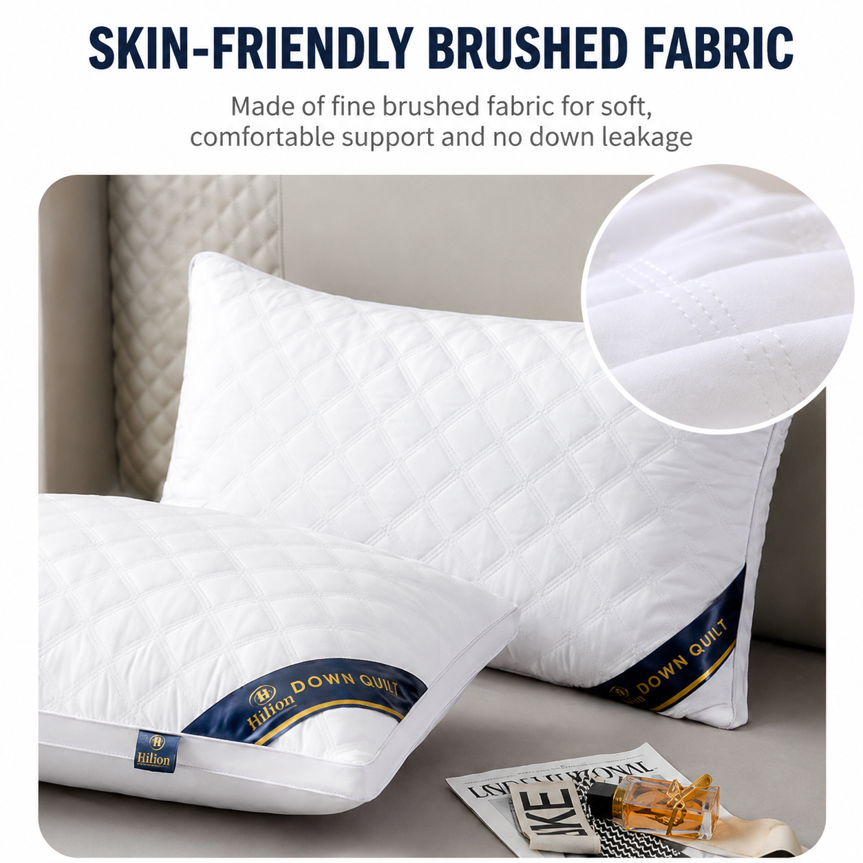 High Rebound Quilted Hotel Pillow Set 2 Pack - Anti Collapse Brushed Fabric Bed Sleeping Pillows for Ergonomic Neck Support (High Pillow) — image 3