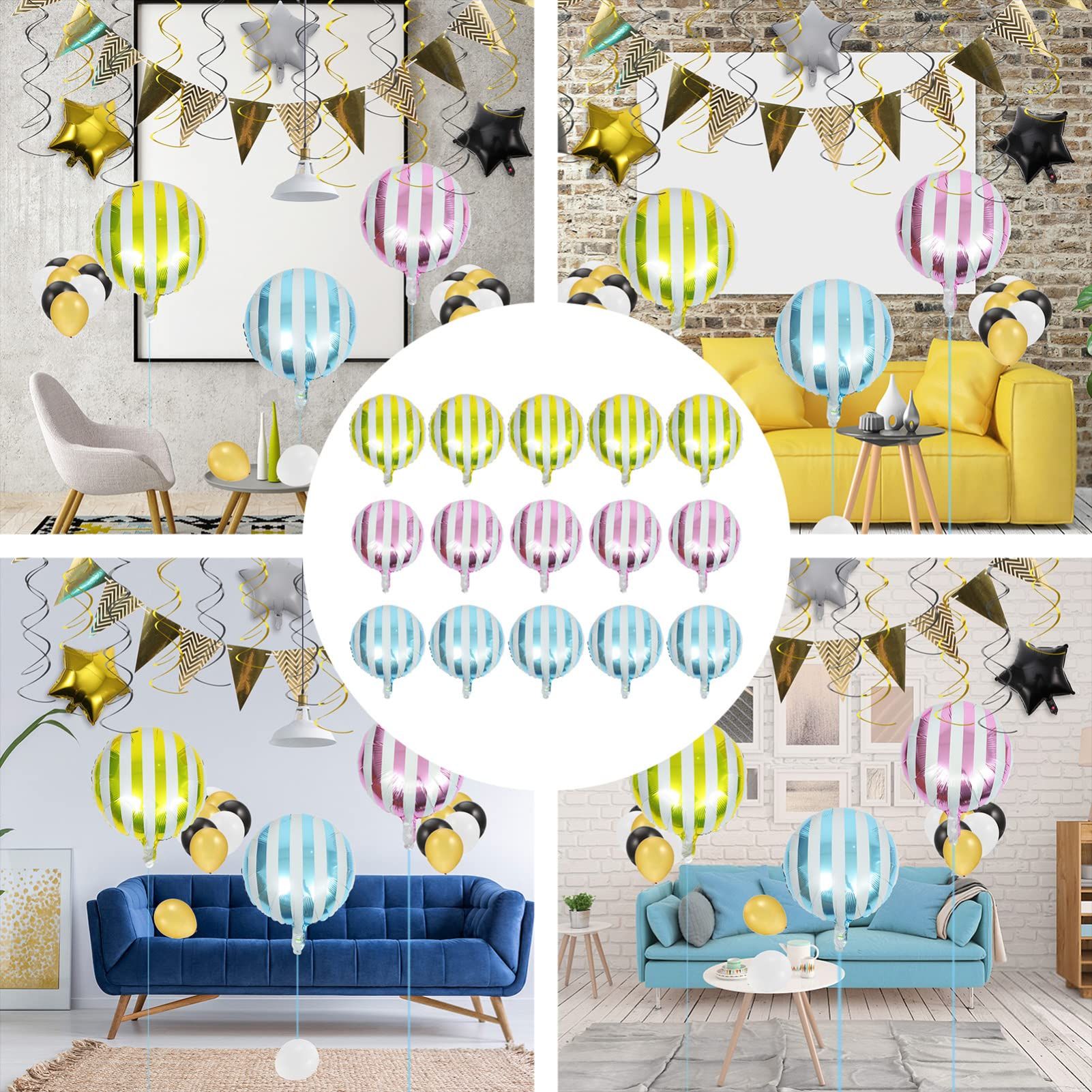 15pcs Multicolor Stripe Balloons Aluminum Foil Round Balloons Helium Balloons for Engagement Proposal Party Wedding Birthday — image 4