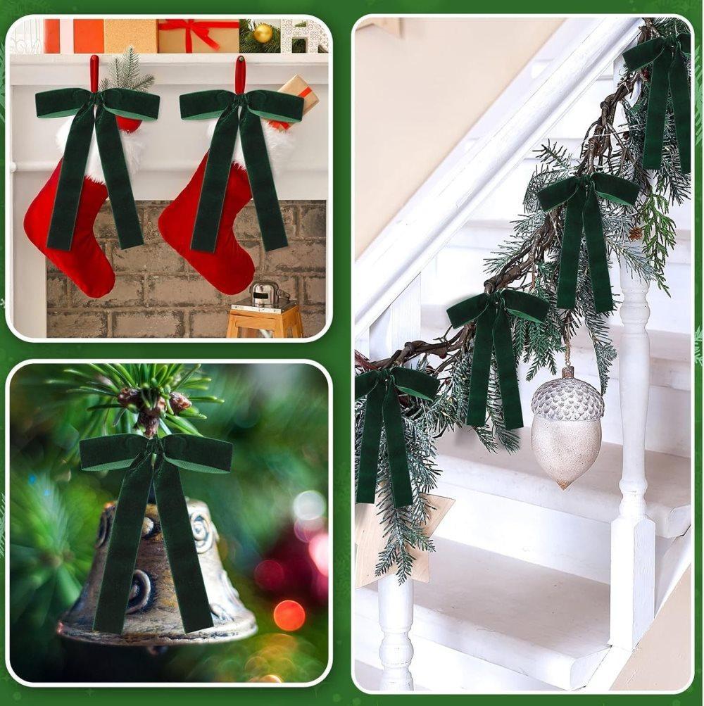12 Christmas Bows Velvet Tree Decorations in Dark Green — image 6