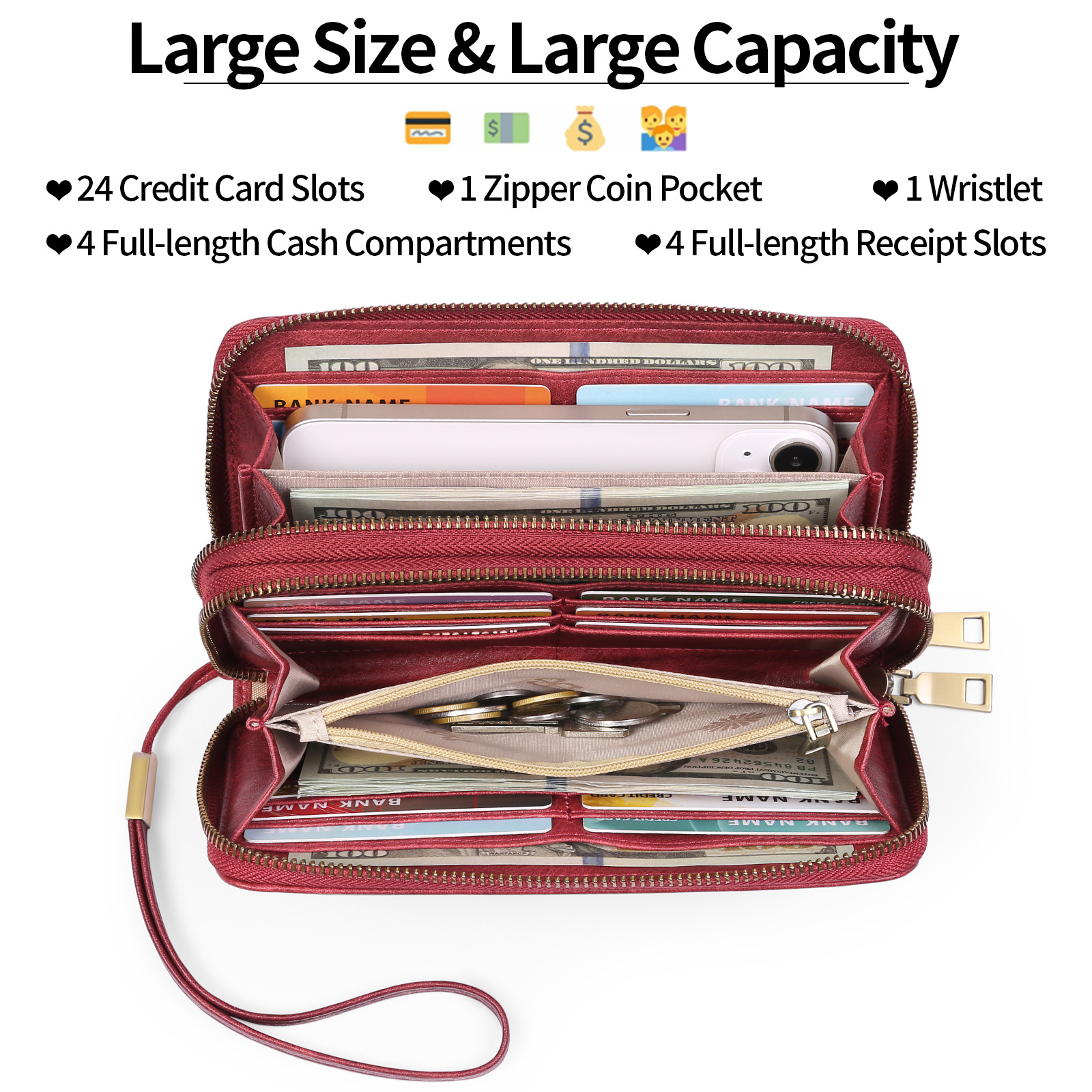 Brown Double Zipper Women's Wallet - Large Capacity Clutch Organizer with Wristlet Strap โ image 5