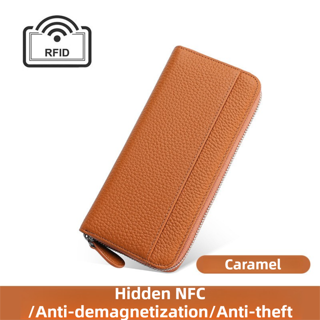 Caramel Genuine Leather Women's Long Wallet with RFID Blocking & Hidden NFC - Large Capacity Phone Purse with 180° Zipper Closure, 18 Card Slots, Coin/Cash