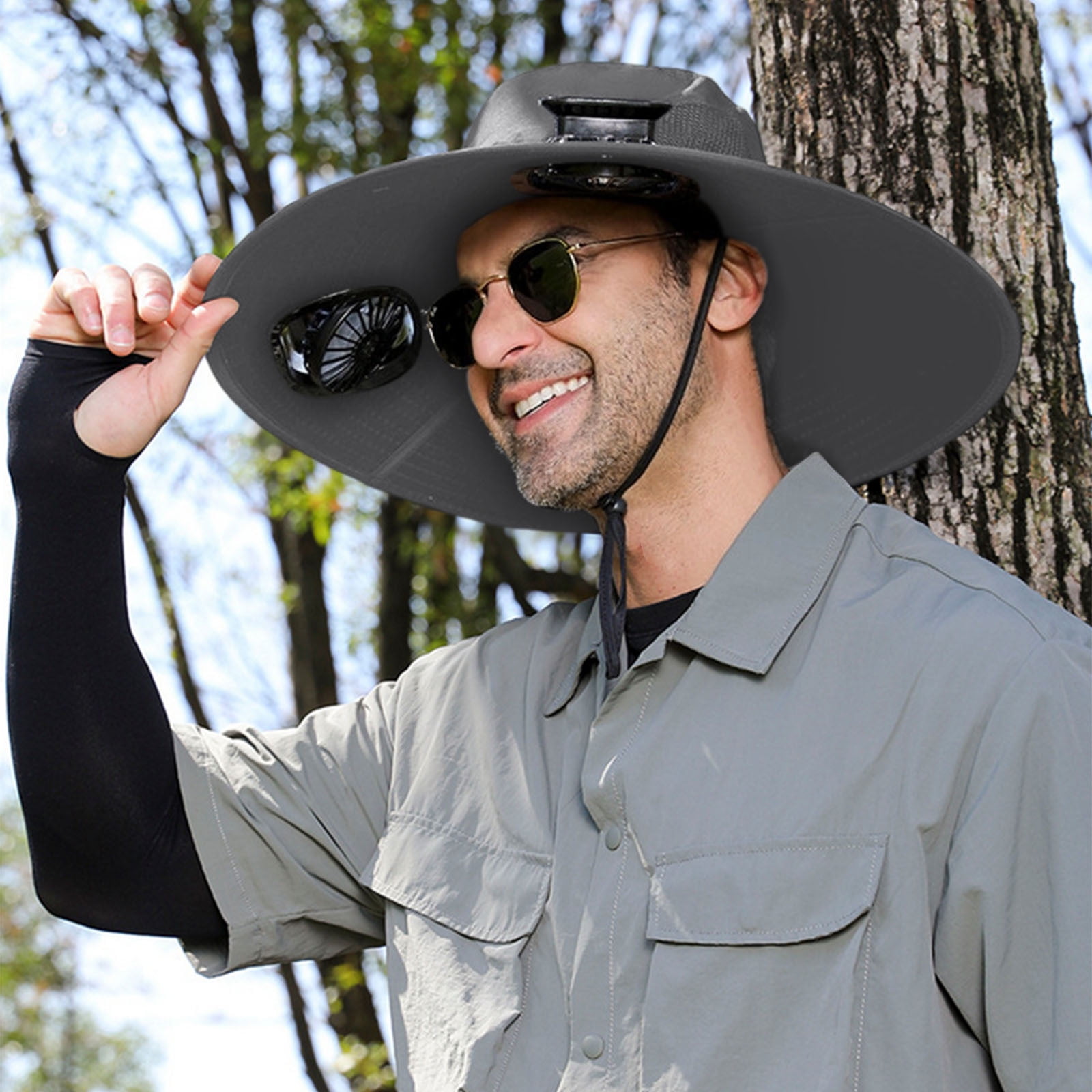 Solar Fan Hat Wide Brim Solar Fan Hat Outdoor Wide Brim Sun Hat with Solar Fan Fishing Hat, Removable & USB Charging Fan B-Dark Gray — image 4
