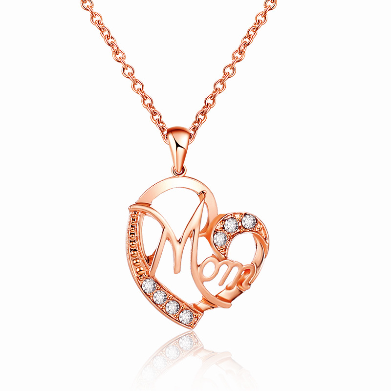 Rose gold MOM Heart Pendant Necklace with Rhinestones - Adjustable 47+5cm Chain, Lightweight Alloy Jewelry for Mother's Day Gift, Everyday Wear & Special