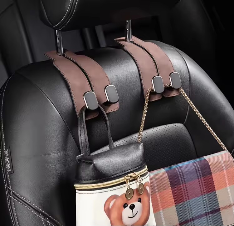 Grey 4-Pack Car Seat Back Hooks – Hidden Suede Leather with Metal Hooks for Storage and Phone Stand — image 2