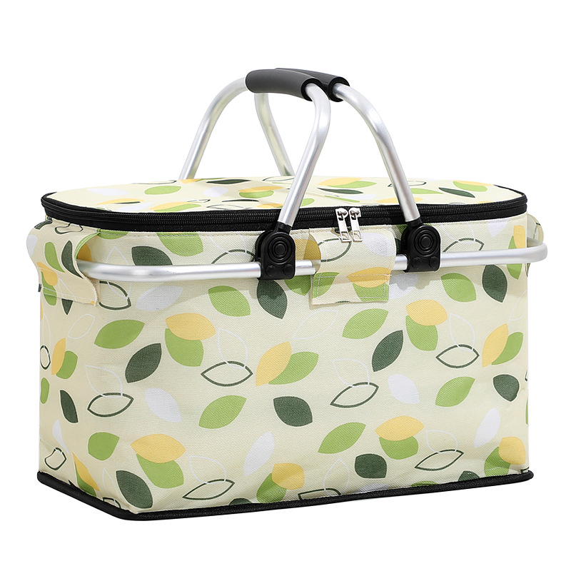 Insulated Picnic Basket with Aluminum Frame - Portable Collapsible Cooler Bag 18L 40 × 20 × 23cm(Green Leaf)