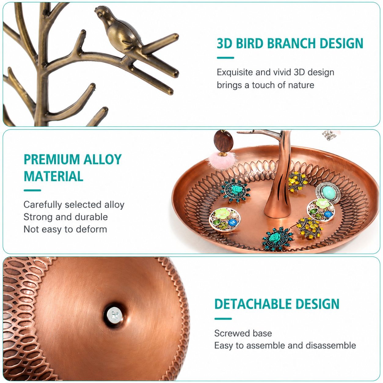 Ancient Cyan Detachable Alloy Jewelry Stand Deco with Bird-Tree Shaped Branches and Thickened Lotus Base Tray for Earrings, Chain Necklaces โ image 3