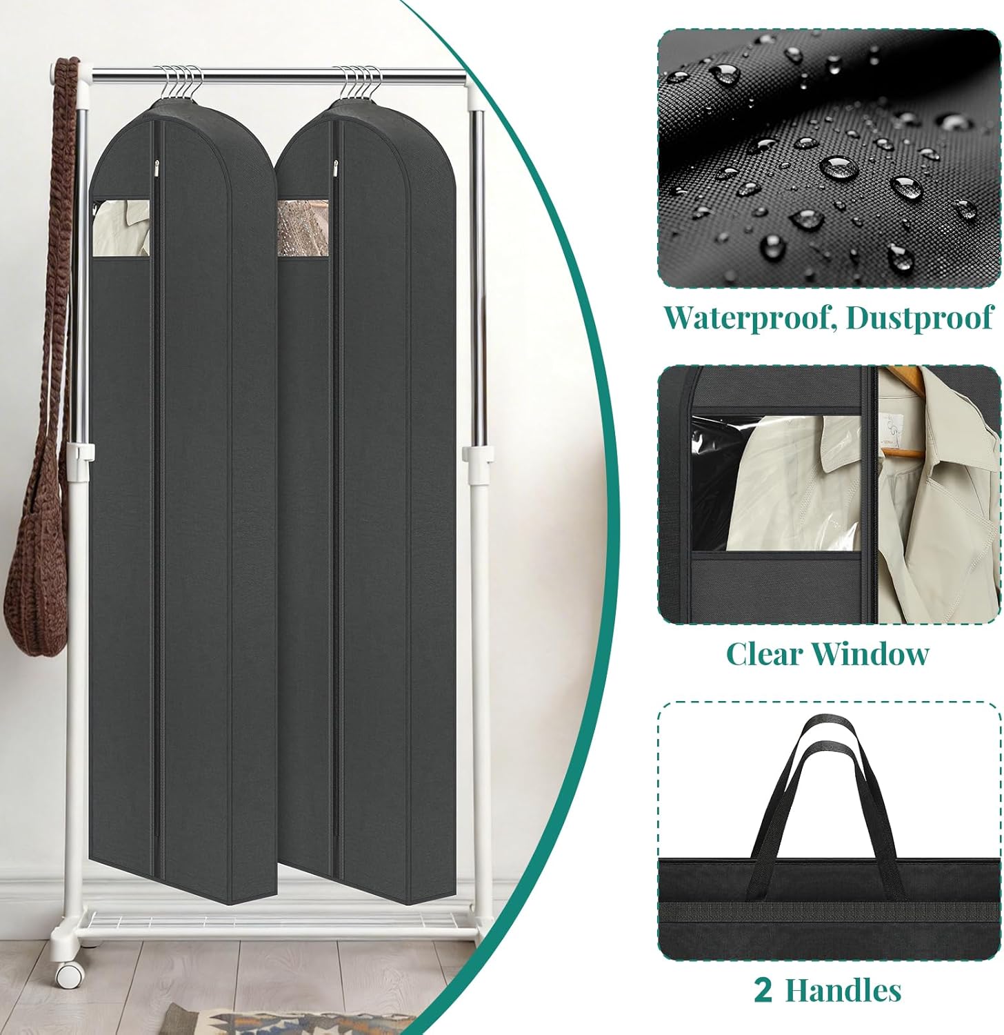 65" Long Garment Bags for Travel, Dress Hanging Clothes, Wedding Cover Women, Closet Storage Gowns, Coats, Black, 4 Pack — image 5