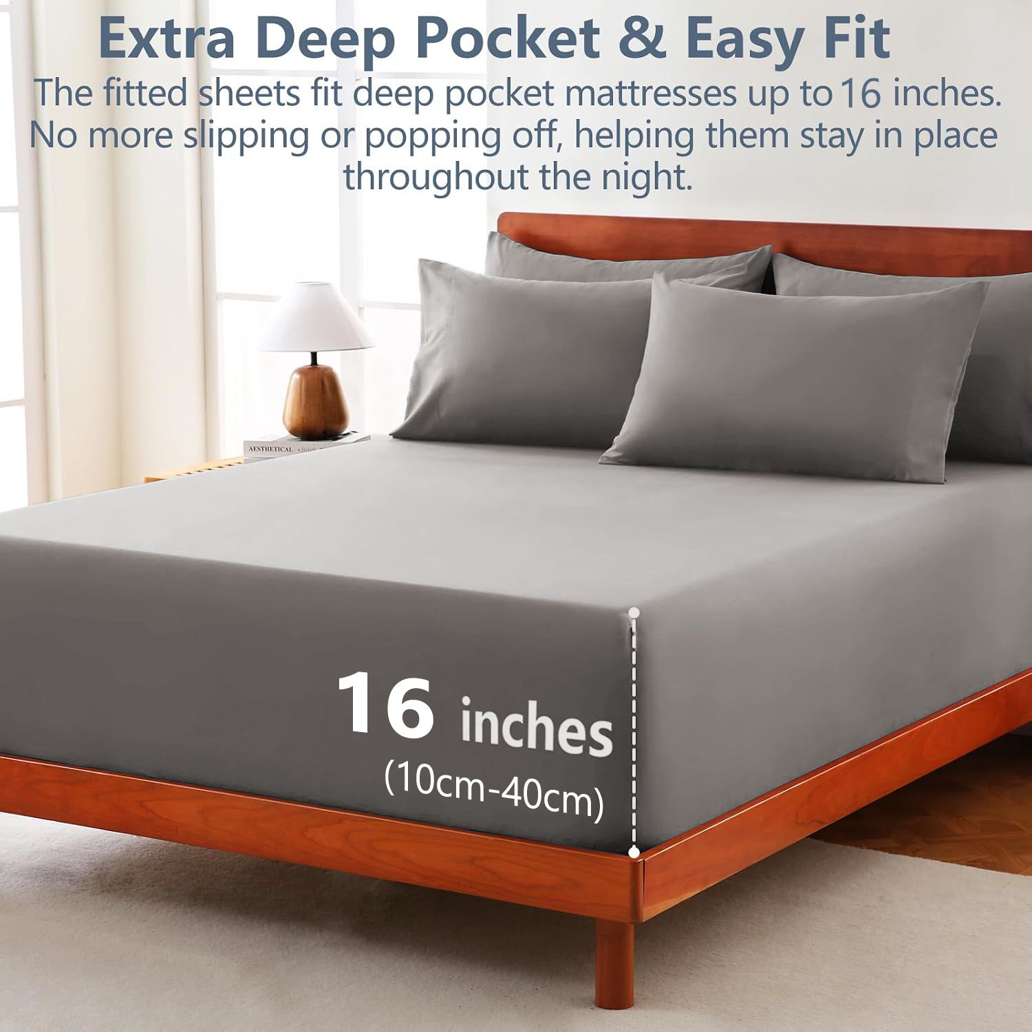 Hotel Soft Bed Sheet Set- Bedding Sheets & Pillowcases -Breathable Bedding - Wrinkle, Fade, Stain Resistant-Deep Pocket Flat Fitted Bed Sheet Set(Grey,King — image 2