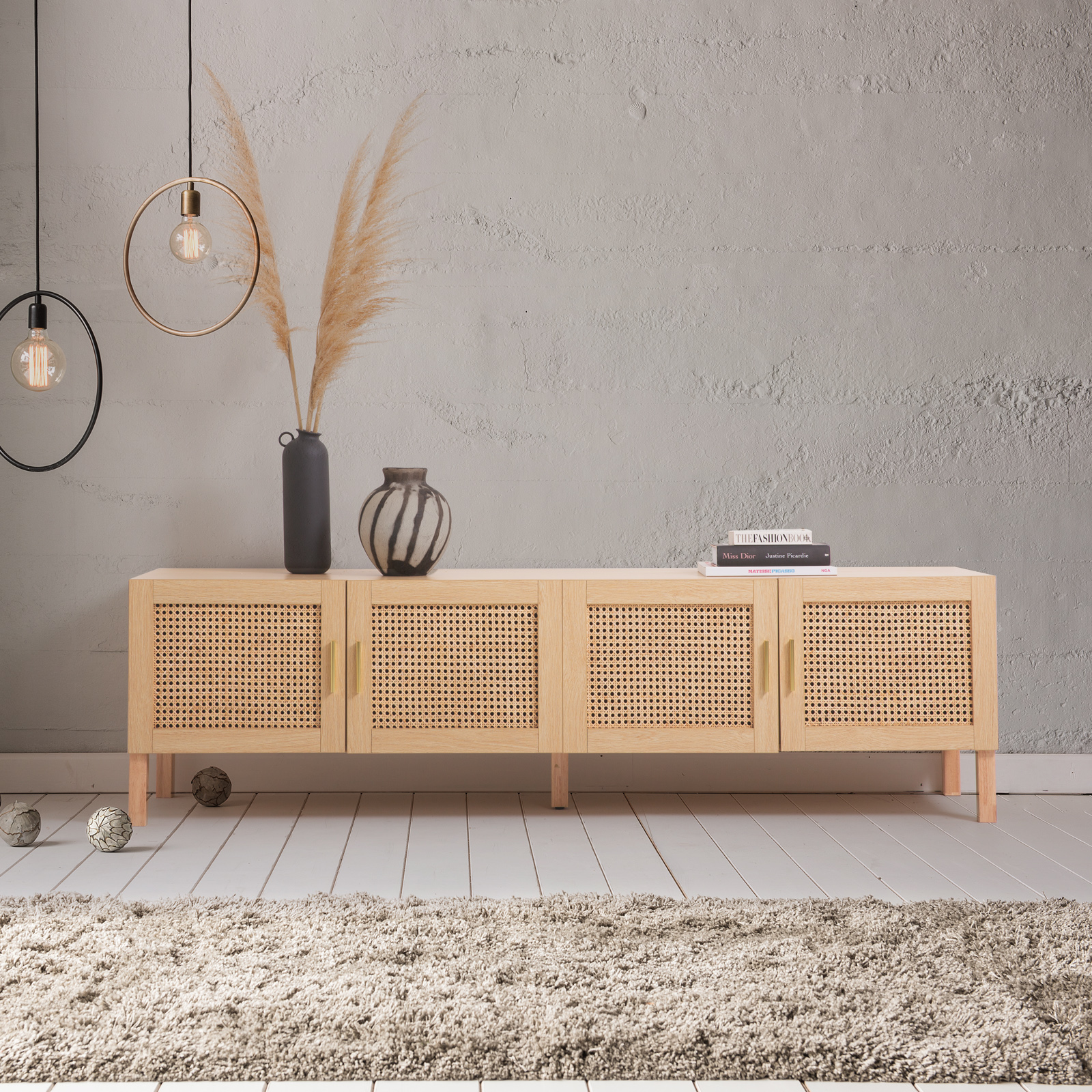 Casa Decor Santiago Rattan Entertainment Unit TV Stand Cabinet Storage Oak — image 2