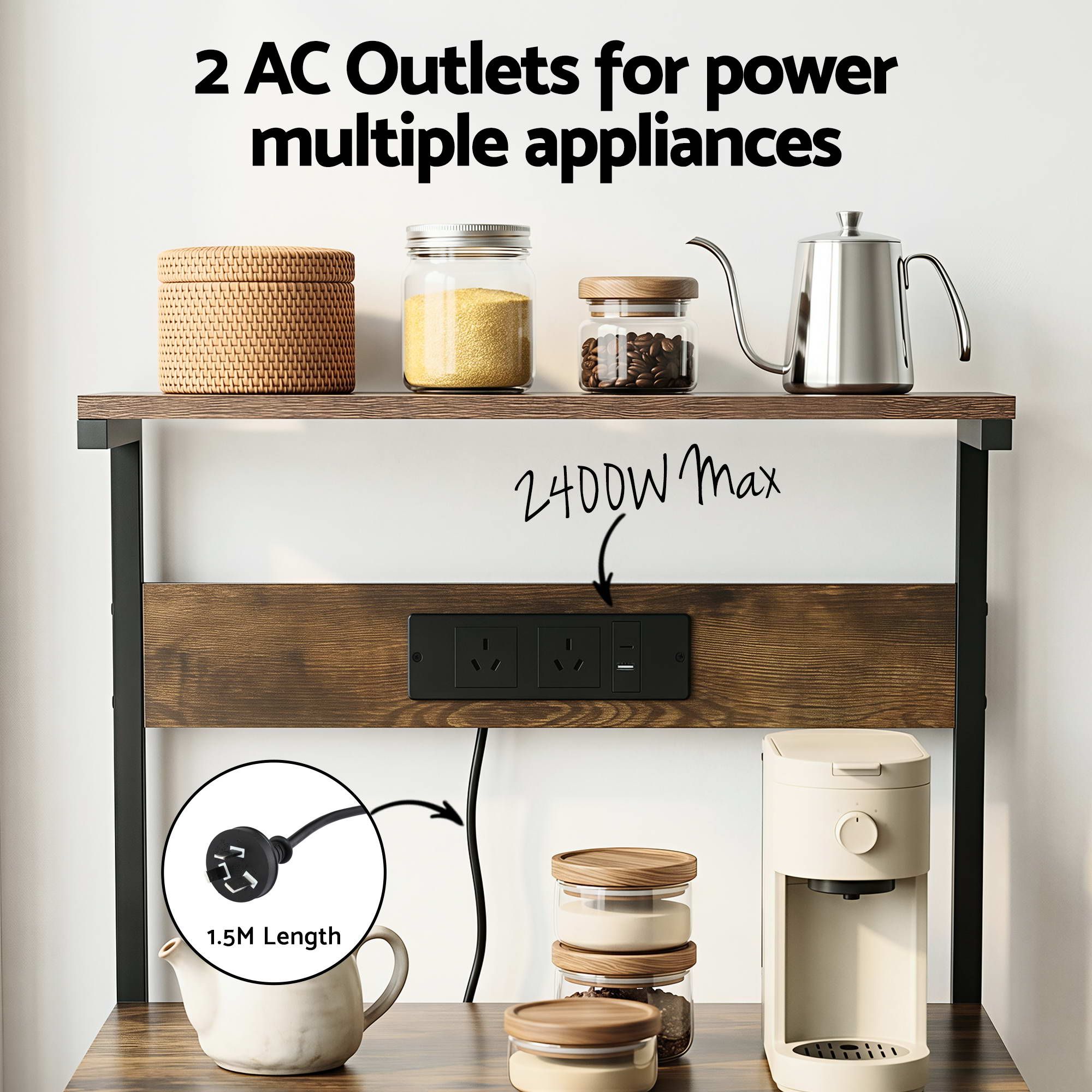 Artiss 4-Tier Kitchen Rack with 2 Power Outlets 6 Hooks Microwave Storage Shelf โ image 6