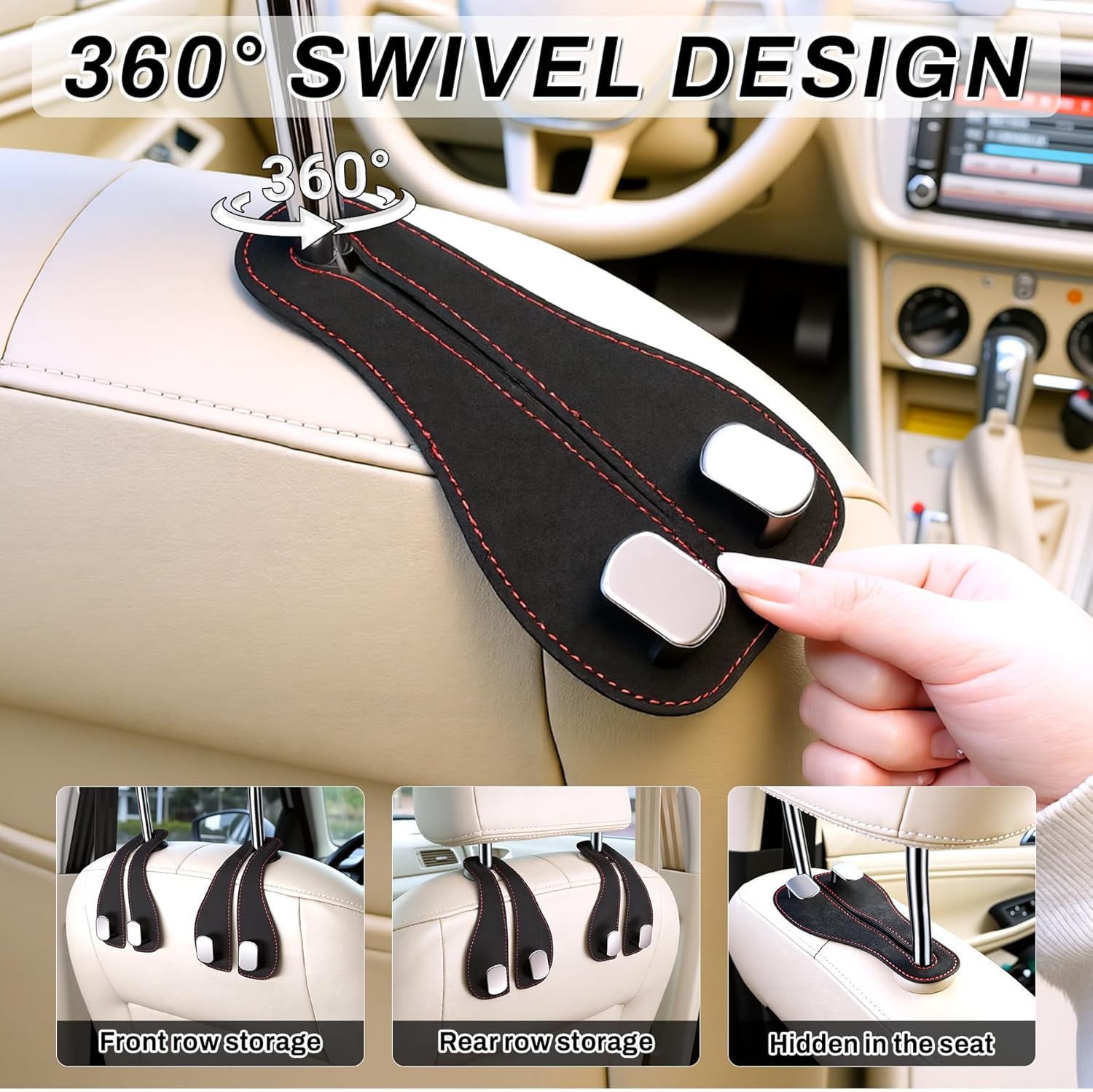 2PCS Car Purse Holder Hook, Seat Back Storage Leather-Wrapped Alloy Double Headrest Hook for Purses & Bags, Cute Interior Accessories Women and Men, Black — image 5