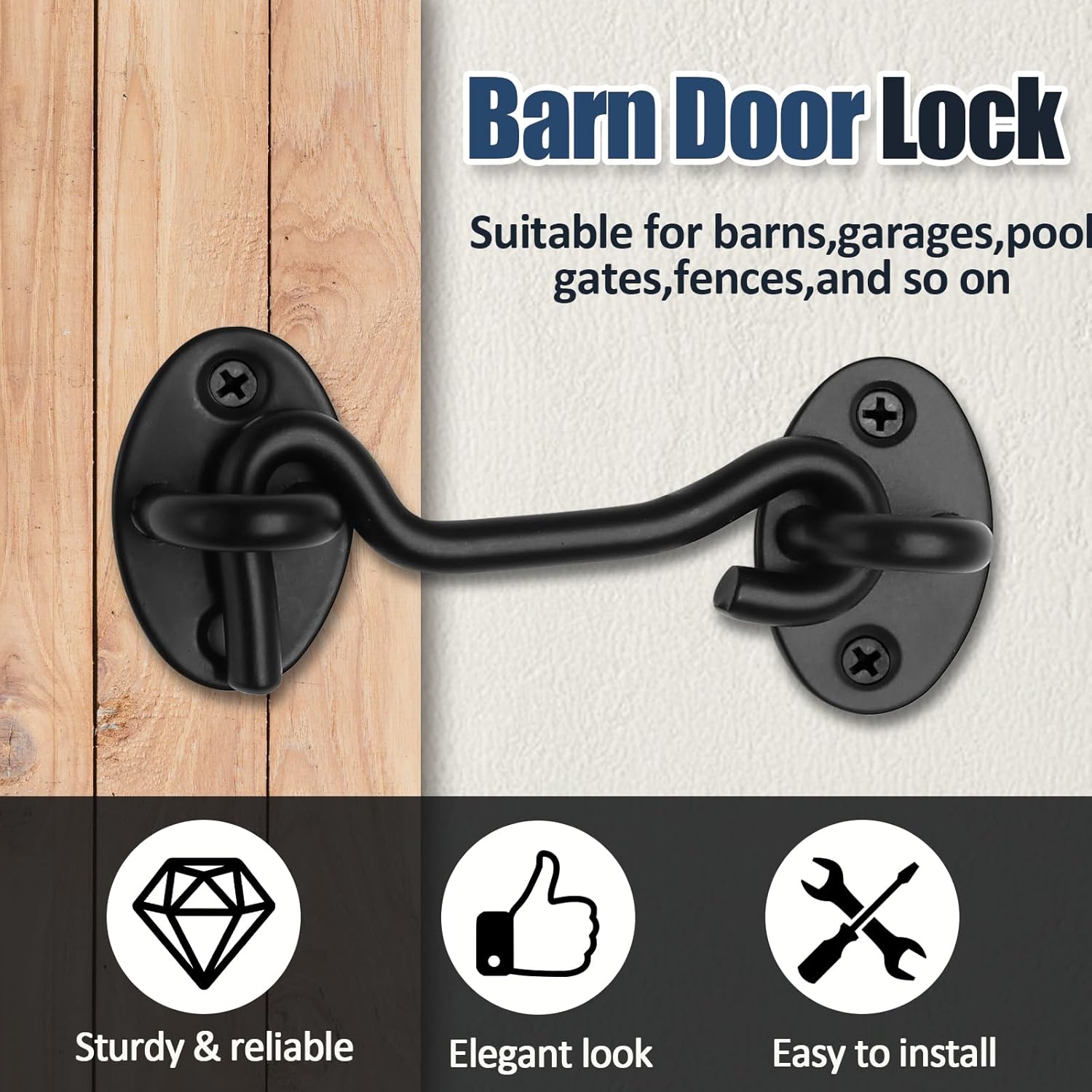 Biaungdo Heavy Duty Hook and Eye Latch, 3 Inch Black Privacy Hook Barn Door Lock Easy Lock, Stainless Steel Gate Latch for โ image 4