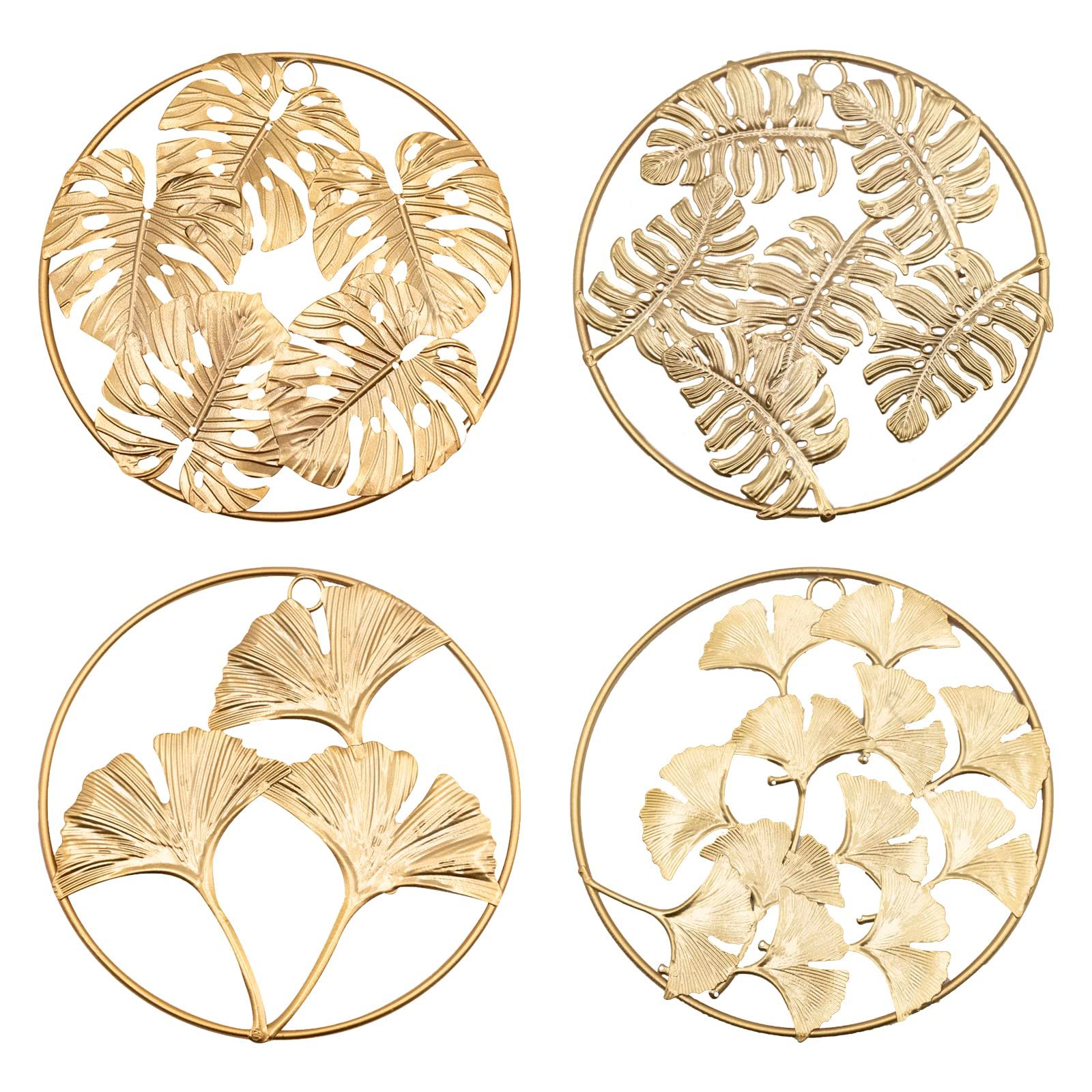 4 PCS Round Wall Ornaments Easy Installation Gold Metal Leaf Wall Decor for Bedroom Hanging Parts Hotel Decoration (7.5 in,Gold)