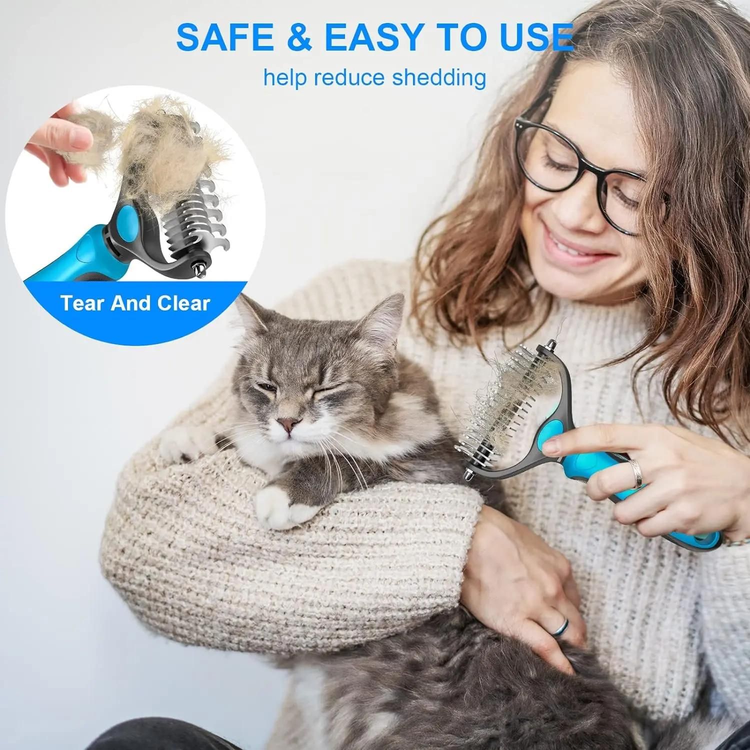2-in-1 Green Pet Knot Cutter Built in Shedding Comb for Dogs & Cats - Undercoat Grooming Rake with Non-Slip TPR Handle โ image 4
