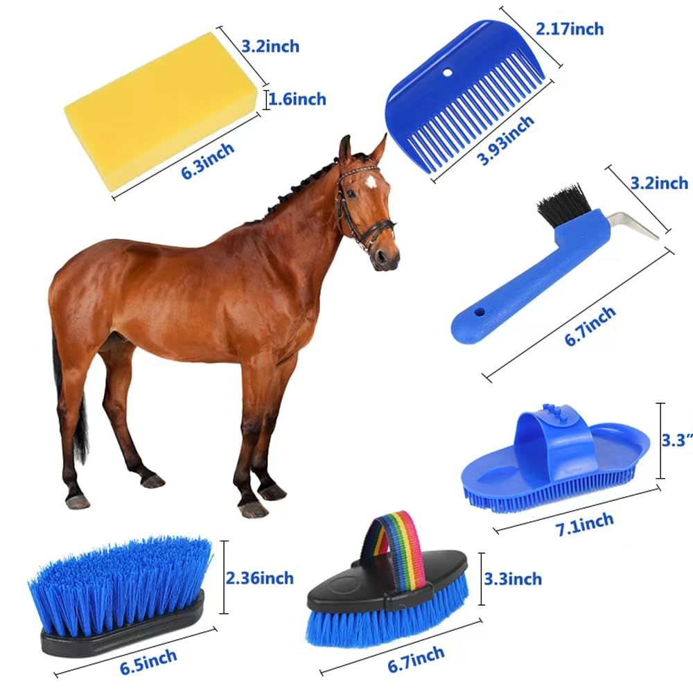 9 Pieces Horse Grooming Kit Tack Room Supplies Set with Organizer Tote Bag, Oval Massage Curry, Hard and Soft Brush, Hoof Pick, Sweat Scraper, Bathing Sponge — image 2