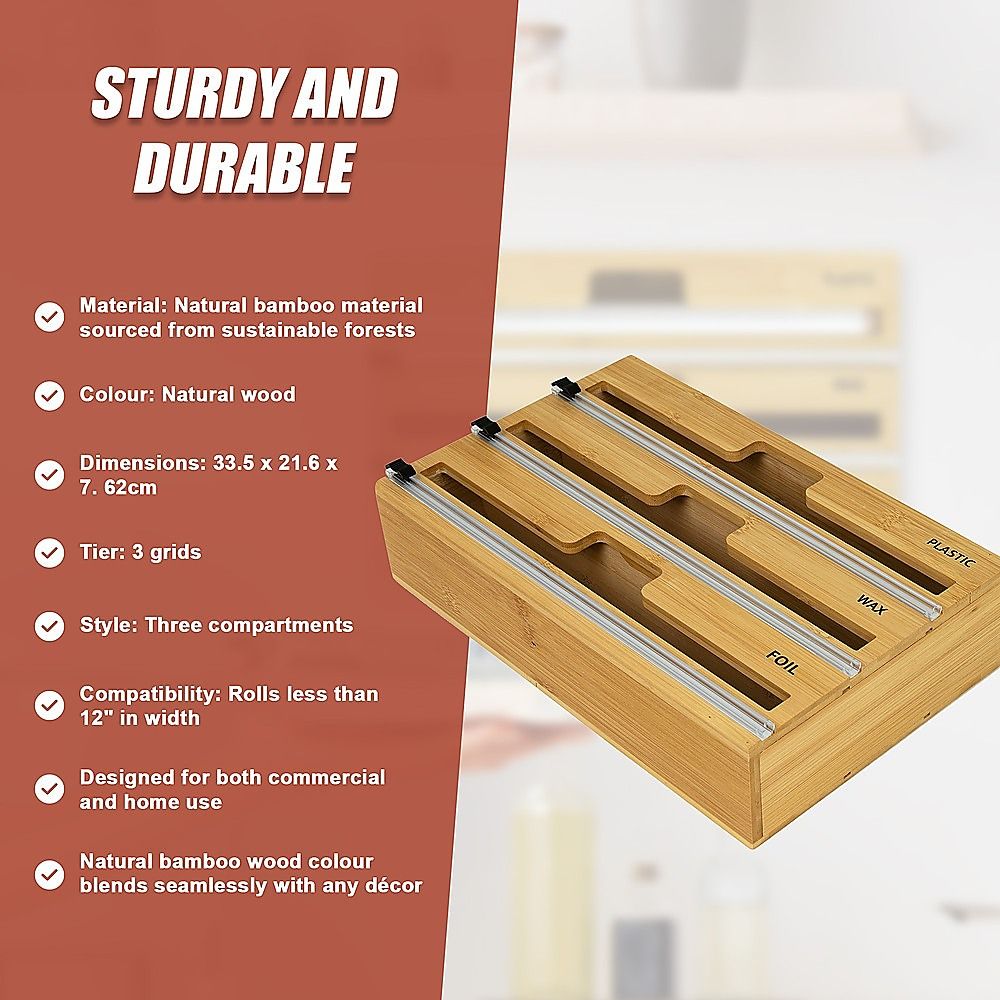 3 Grids Bamboo Food Wrap Dispenser Cutter Foil Cling Film Storage Holder Box Kitchen โ image 4