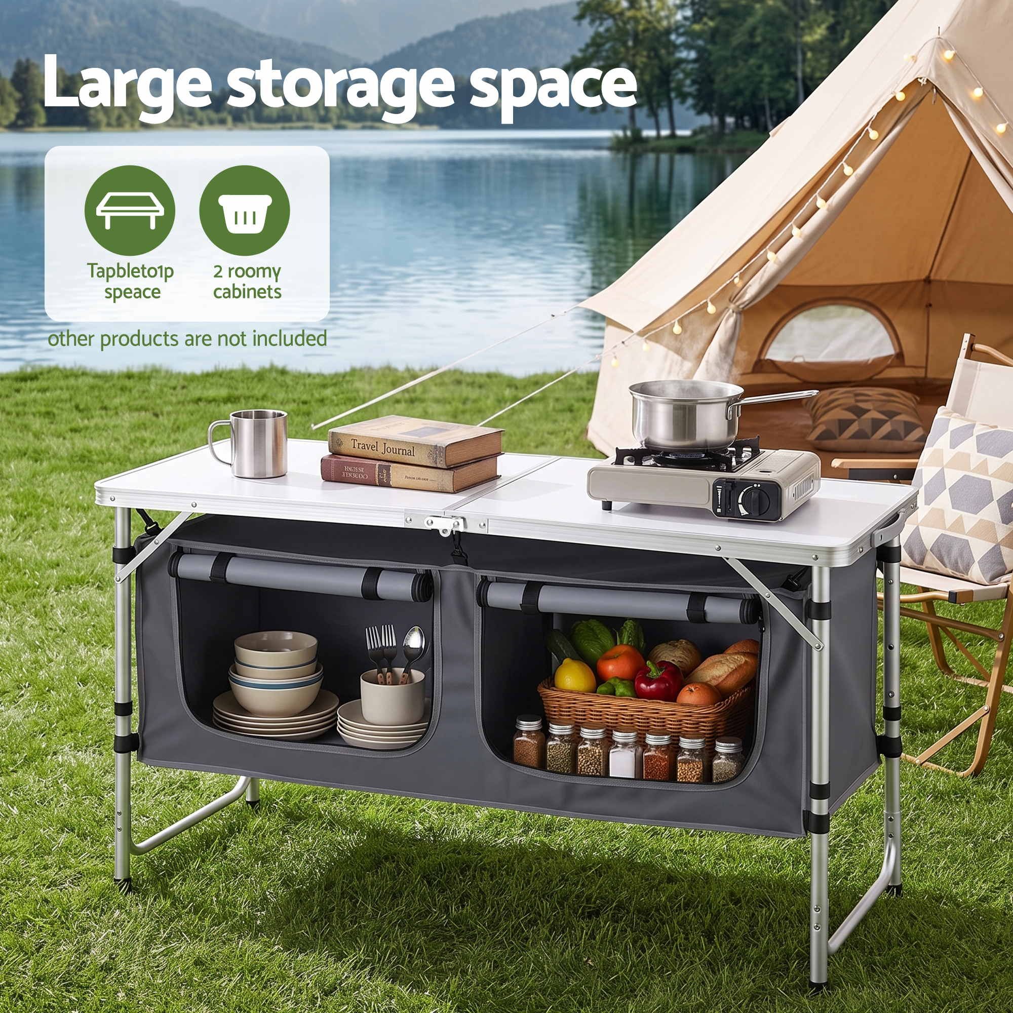 Weisshorn Camping Table Adjustable Storage Cabinet Aluminum MDF 120cm Grey — image 4