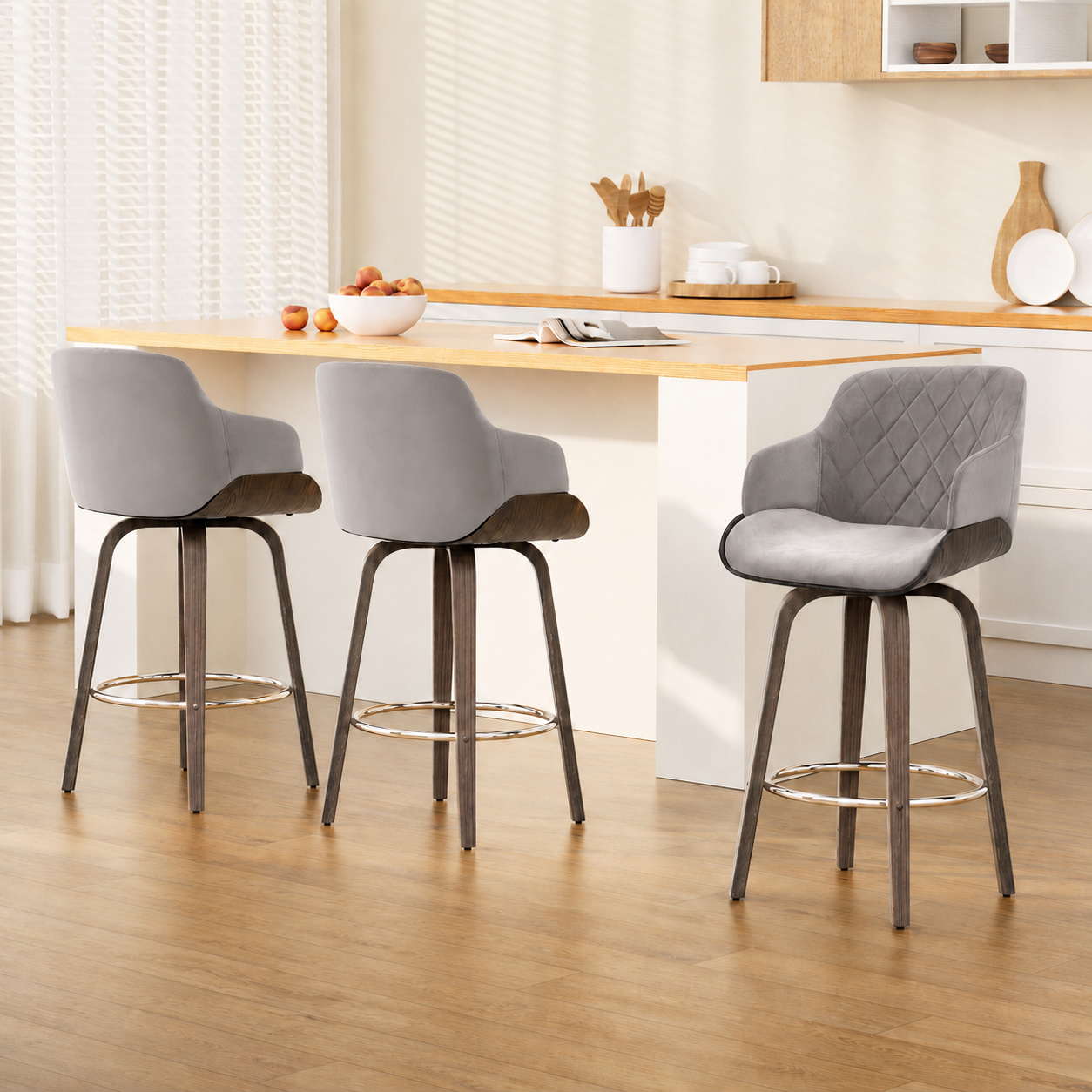 Artiss Bar Stools Set of 3 Kitchen Wooden Bar Stool Dining Chair Swivel Velvet โ image 3