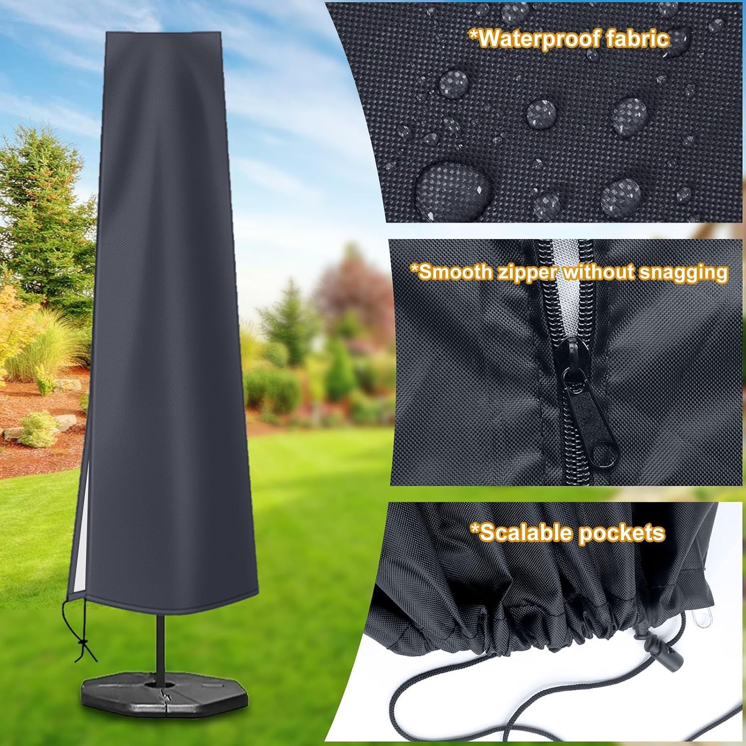 Waterproof 600D Parasol Cover with Zipper, Drawstring and Storage Pouch for Cantilever and Standing Parasols, Black, 190 × 50 × 30 cm — image 5