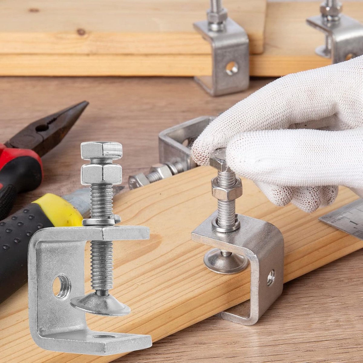 C-Clamps - Pack of 6 - With M8 Hexagon Bolts - Glue Clamps - Adjustable Clamping Range 0-25 mm - For Woodworking and Welding - Stainless Steel - Silver โ image 4