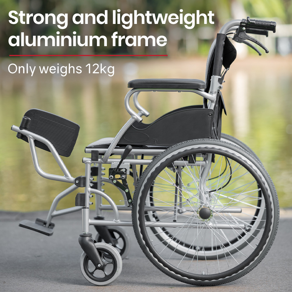 EQUIPMED Folding Aluminium Wheelchair, 20" Wheels, Park Brakes, 100kg Capacity, Grey/Black — image 3