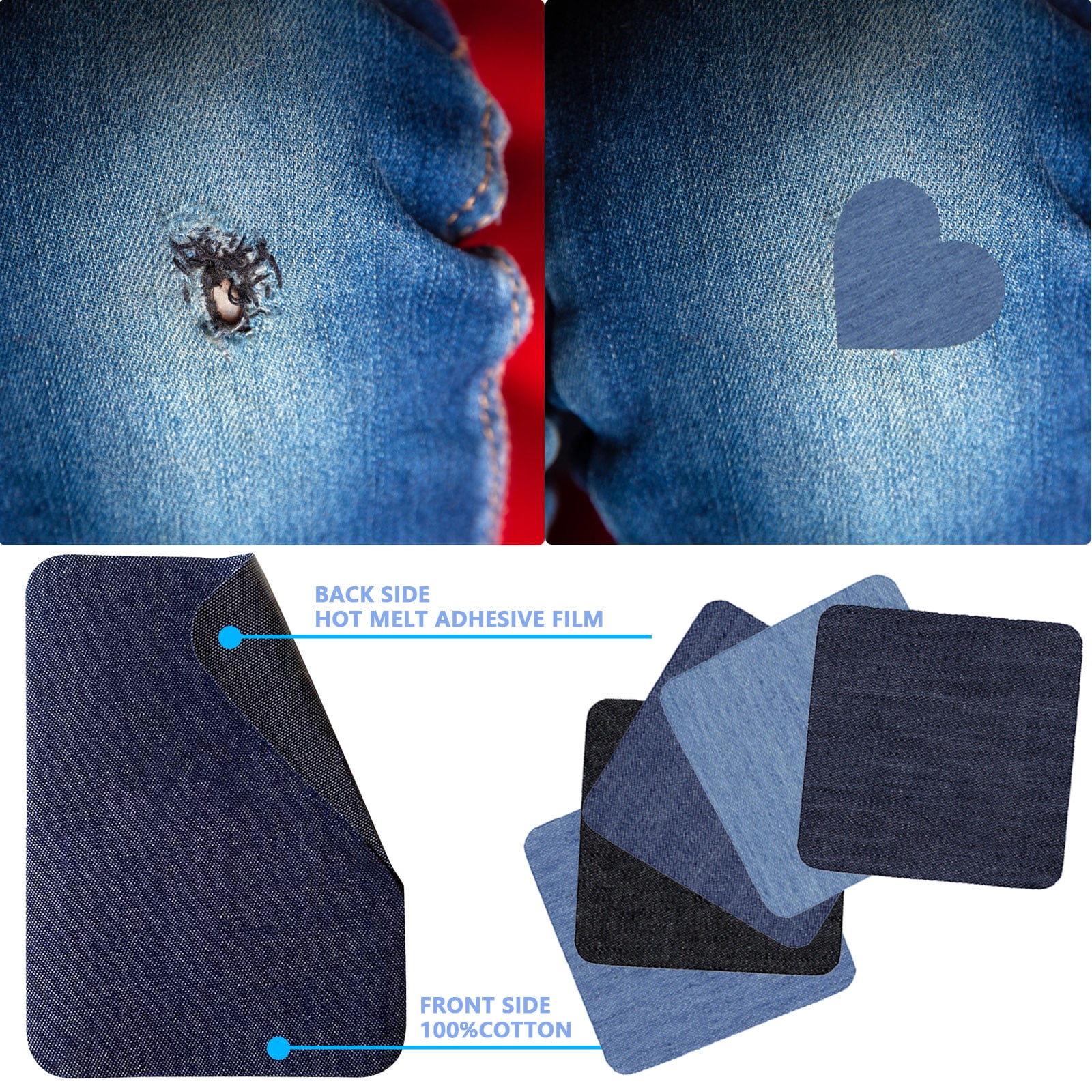 5 Pack Iron On Denim Repair Patches, Cotton Fabric Patches for Jeans Knees Pants Clothing Repair and Decoration, Blue Assorted — image 6