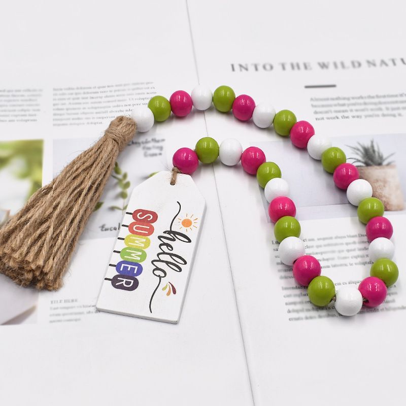 Farmhouse Tiered Tray Decor Beaded Tassel Wood Beads Summer Wall Hanging Bead String Tiered Tray Decor for Garden Home Table โ image 2
