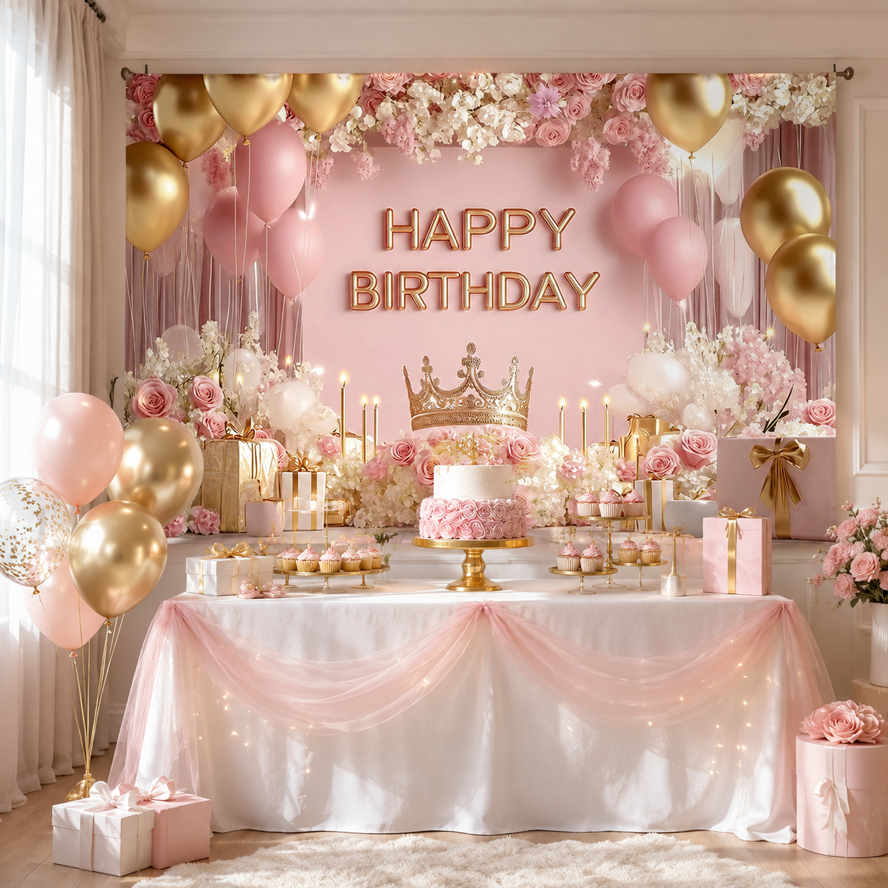 180×115cm Pink Printed with a pattern of flowers, balloons, and a crown Happy Birthday Backdrop – Premium Indoor Party Decoration Polyester Wall Banner — image 4