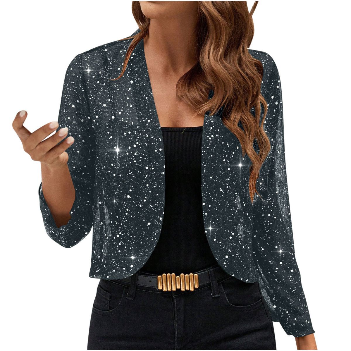 Sparkly Women'S Jacket Sheer Jacket Women'S Outerwear Fashion Jacket Glamorous - Dark Gray - Size S