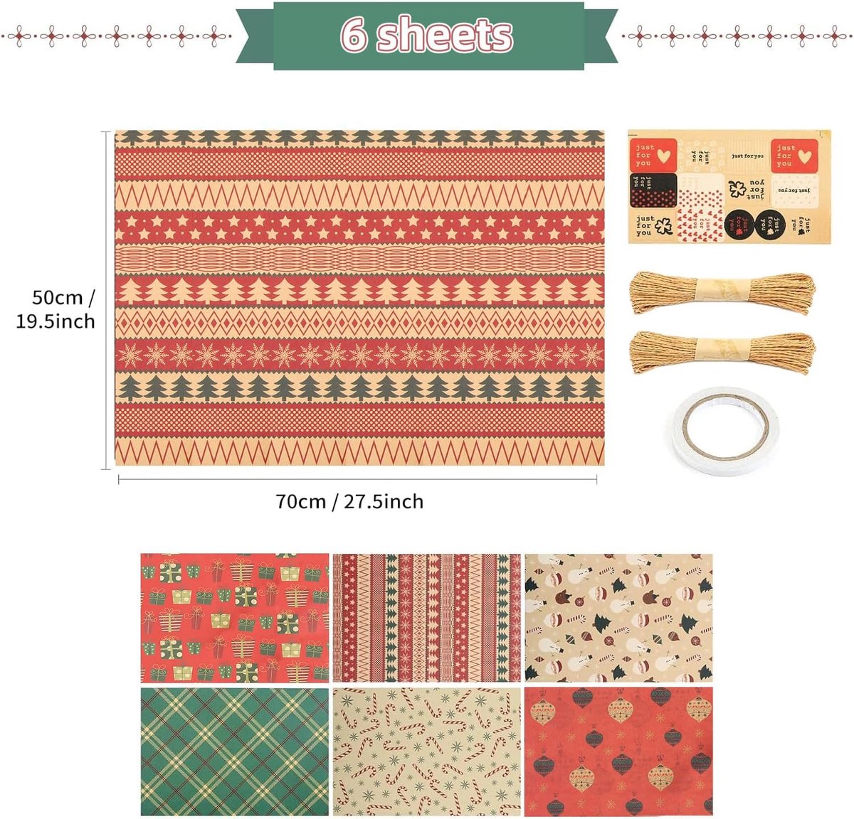 Gift Wrapping Paper - 6 sheets of kraft paper 70x50 cm - Complete set (straw, double-sided tape, stickers) - Gift wrapping paper set for birthdays, weddings โ image 5