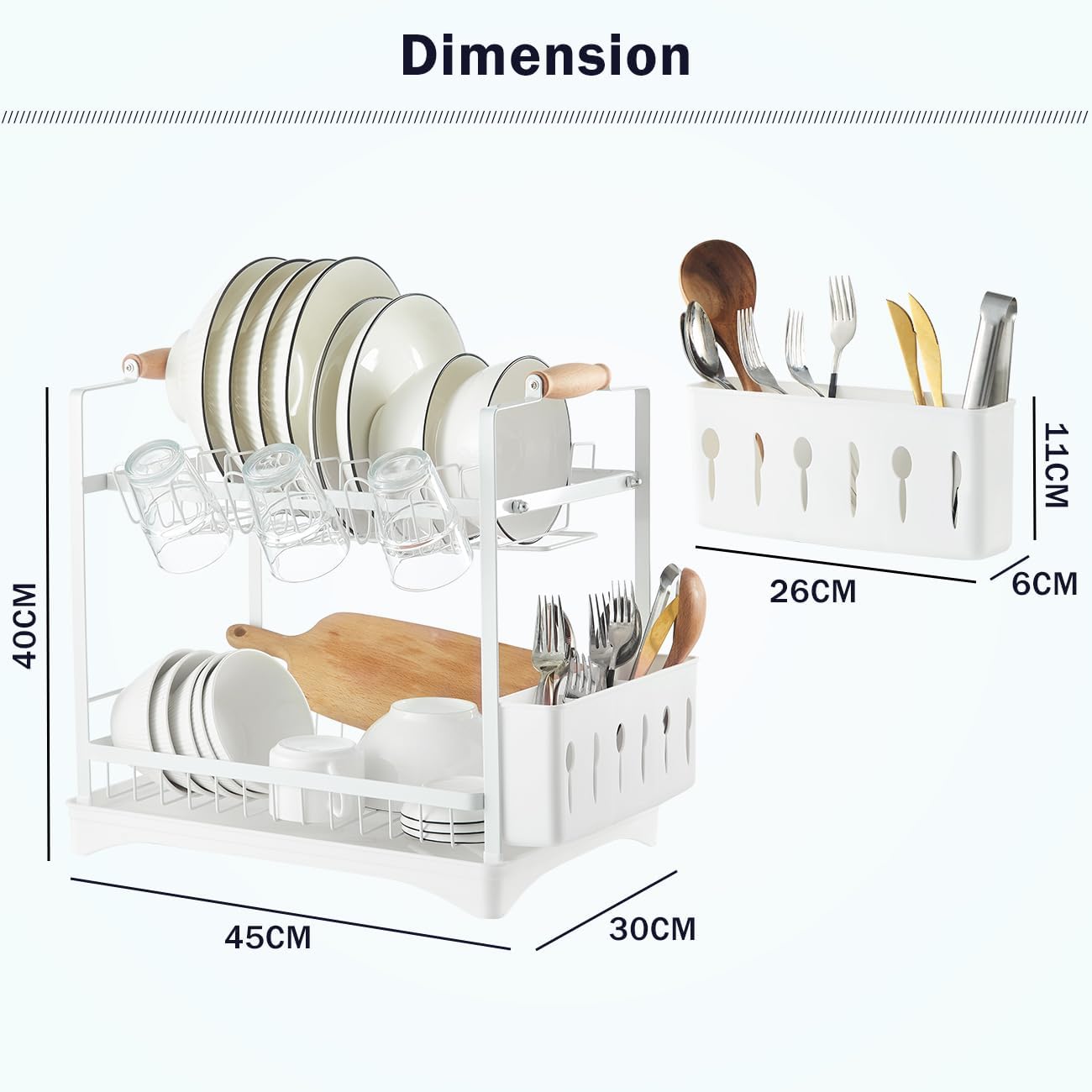 CARLA HOME 2-Tier Large Dish Drying Rack with Drainboard, Utensil Holder, Glass Hooks & Cutlery Storage (White) — image 3