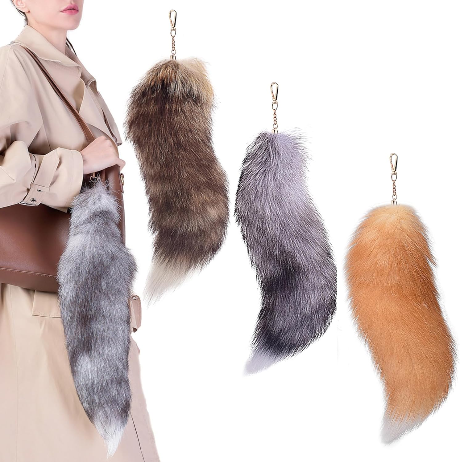 40cm Therian Fox Tail with Lock, Fluffy Faux Fur Fox Tail Keychain Faux Wolf Tail Cosplay Handbag Accessory Costume for Women Adult_tfrf — image 4