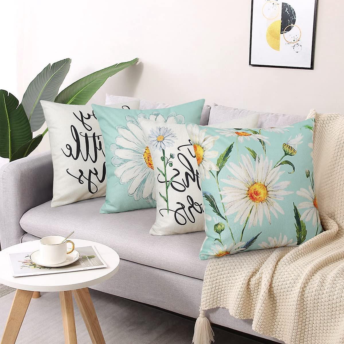 Cushion Cover 45 x 45 cm Set of 4 Decorative Cushions Daisy Cushion Cover Decoration Cotton Decorative Cushions for Garden Living Room Bedroom Modern — image 2