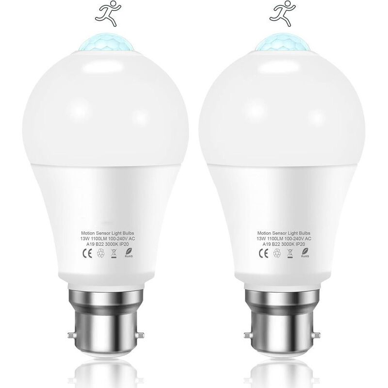2 Pcs Mascot Bulb Motion Sensor B22 Baionnette LED, 12W, 1020lm, Cold 6000 K White, CIR 85, Non Dimmable Bulb a Motion Sensor