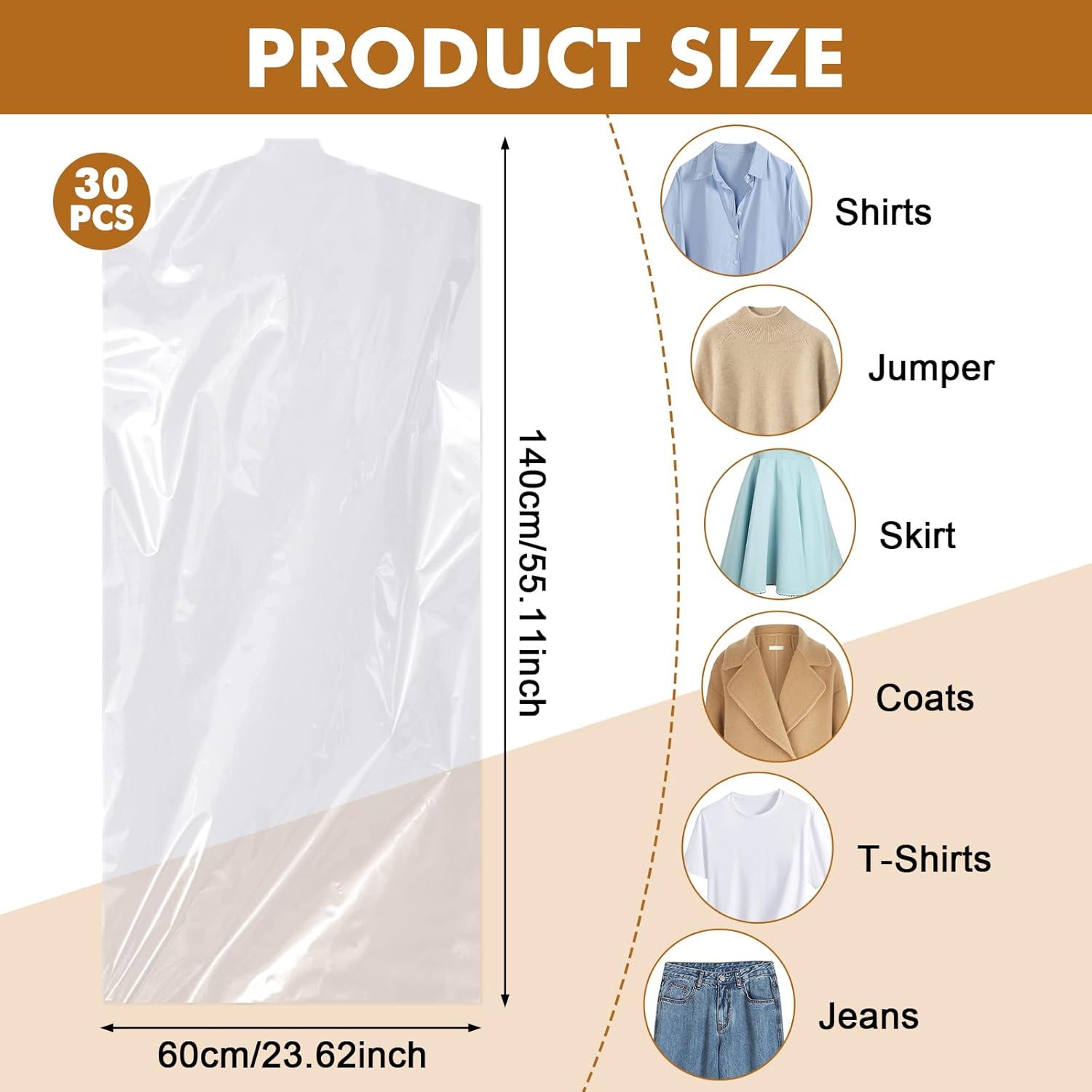 30 plastic clothing covers, 60 × 140cm laundry bags, transparent clothes hangers, clothing bags, dustproof garment protectors for clothes, shirts, jackets — image 3