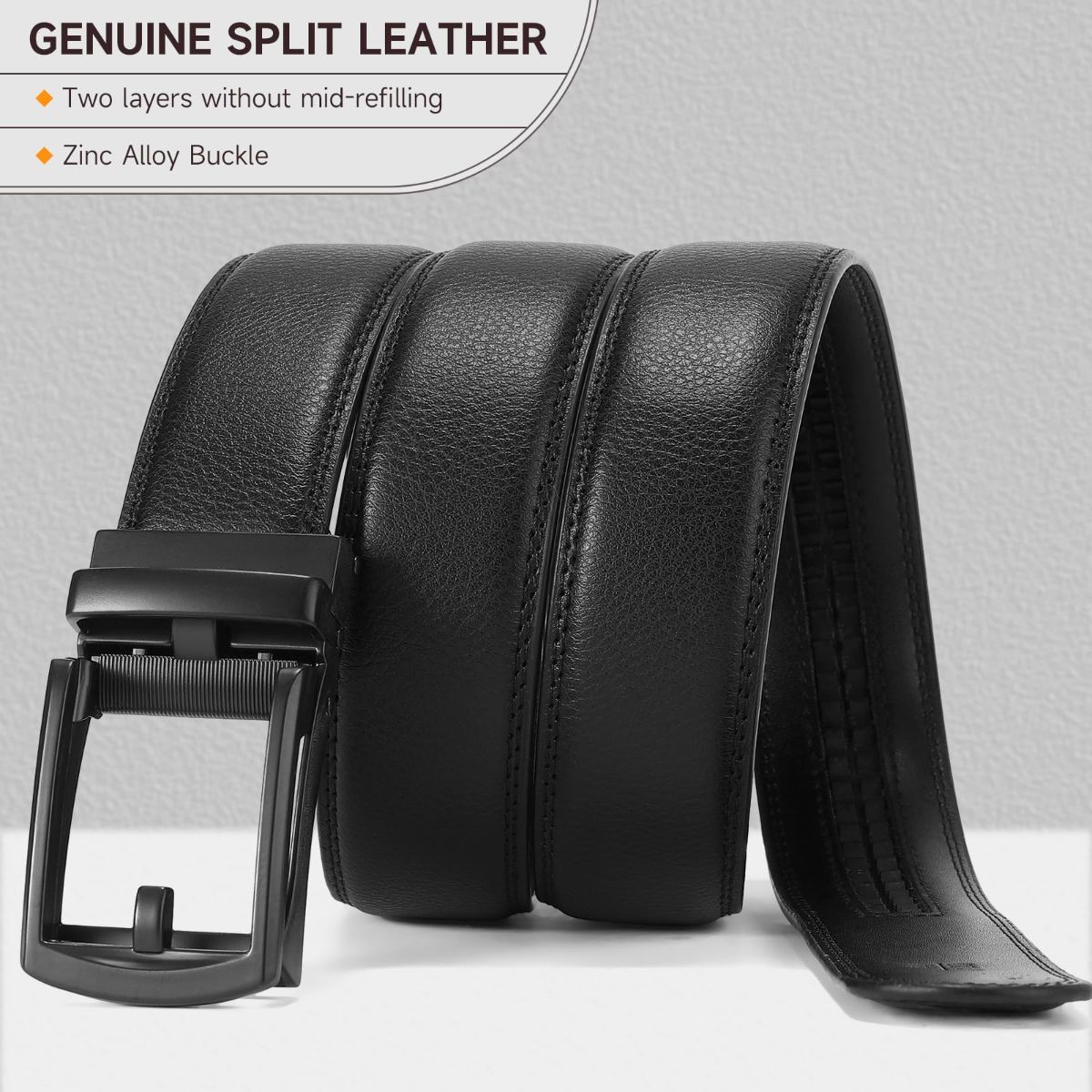 Ratchet Belt for Men Genuine Leather - Micro-Adjust Buckle Trim to Fit Dress Belt Casual to Formal Gift Boxed - Basic Black - Size 34"-42" Waist Adjustable — image 5