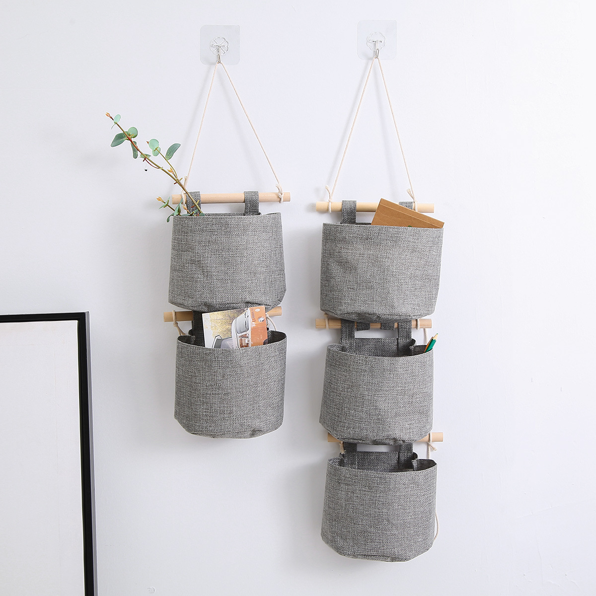 3 Layer Hanging Storage Bag with Pockets, Cotton Linen Wall Organiser for Bedroom, Bathroom, Nursery and Door Storage, Grey — image 4