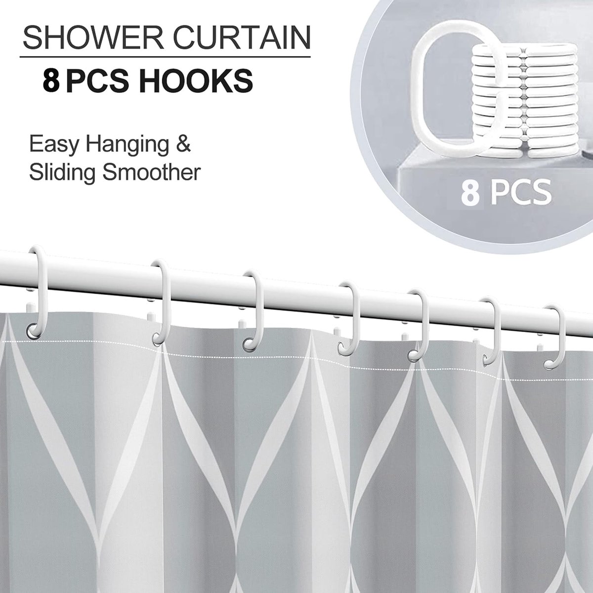 Anti-Mold Shower Curtain - Waterproof - 120 × 180 Cm - Waterproof Washable Anti-Mold Polyester Shower Curtains - Grey - With 8 Shower Curtain Hooks — image 3