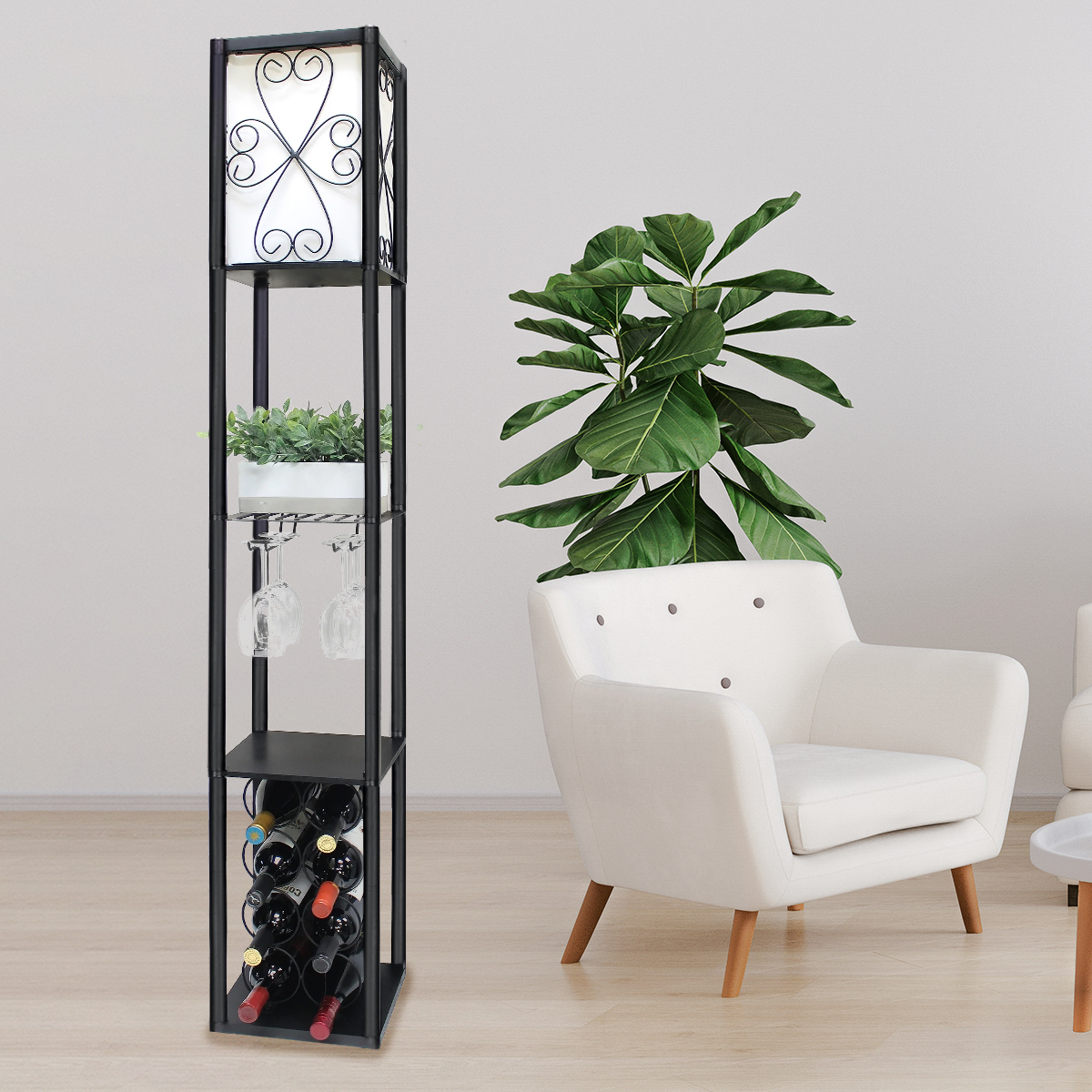 Sarantino Metal Etagere Floor Lamp with Wine Holder Shelf โ image 2