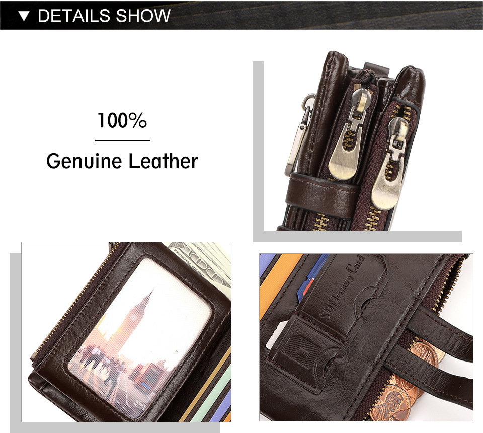 Brown Genuine Leather Men's RFID Blocking Wallet - High Capacity Trifold with Zipper Coin Pocket โ image 4