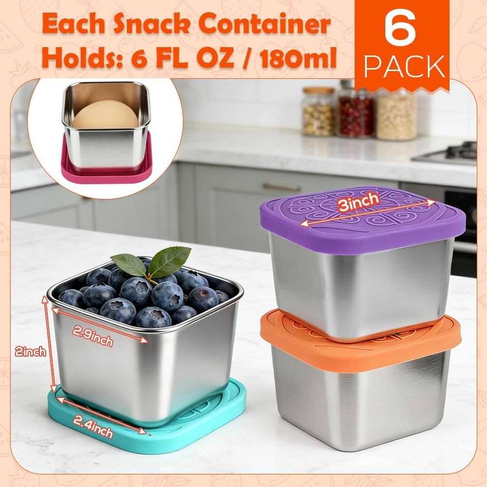 YQL 6-Pack 6oz Square Stainless Steel Snack Containers – Leakproof Metal Food Storage with Colorful Silicone Lids, Reusable Small Boxes for Travel & Meal Prep — image 2
