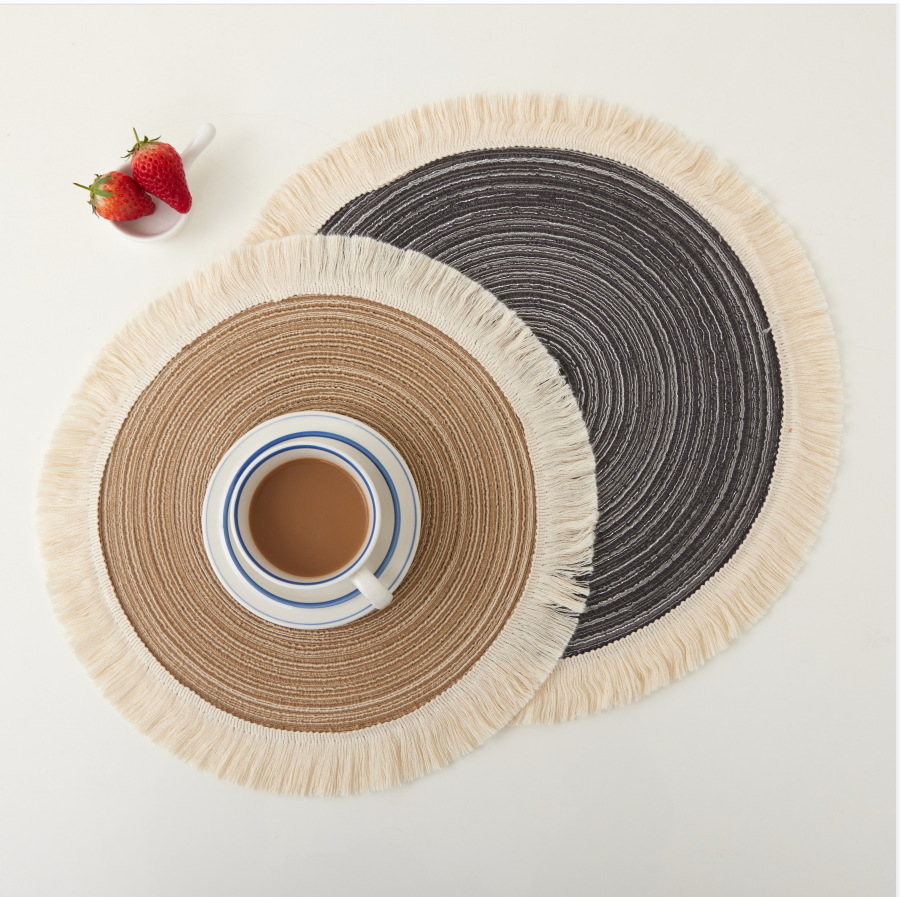 Grey Chic Round Woven Placemats with Tassel Fringe - Set of 4, Cotton Ramie Blend, Heat Resistant Table Mats — image 5