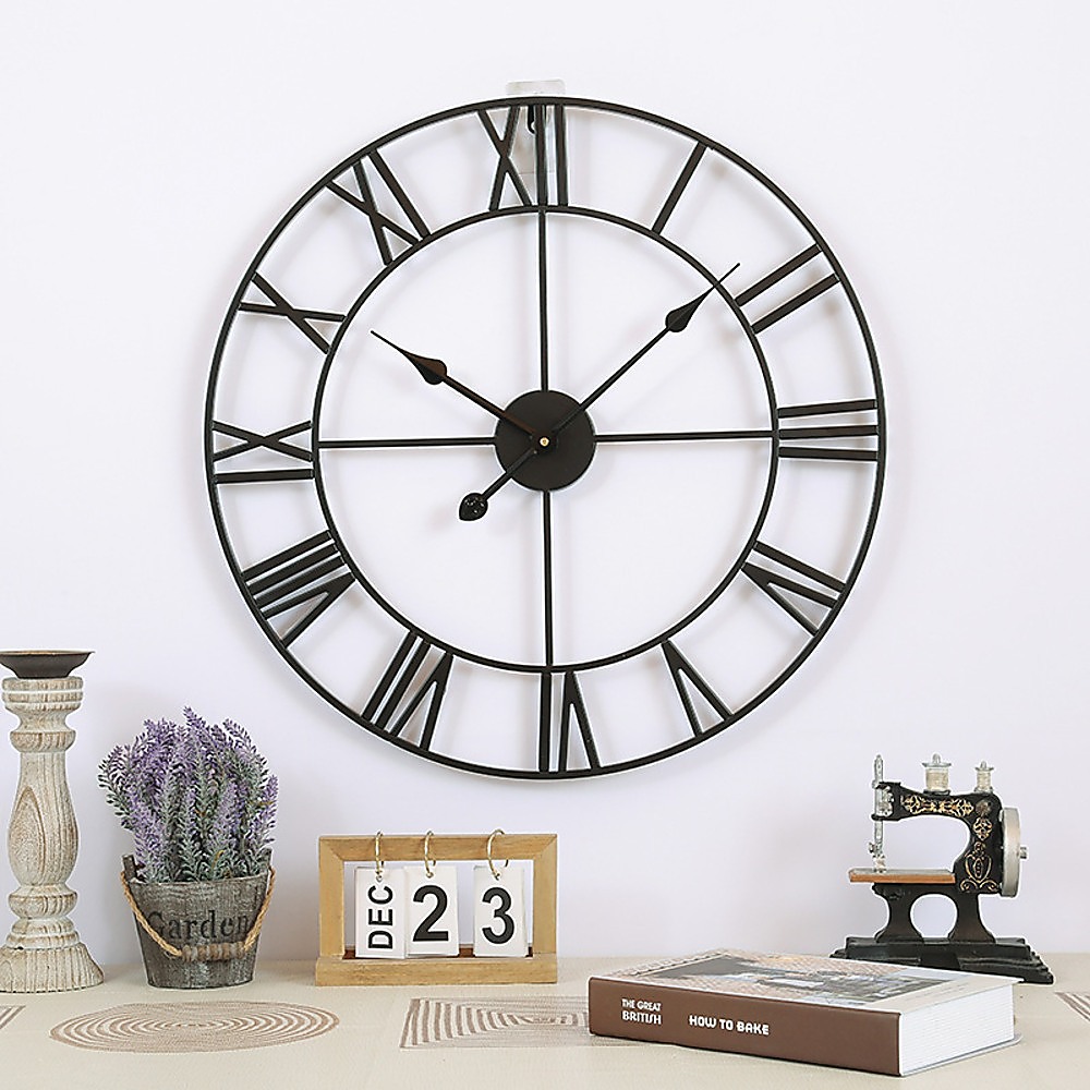 60cm Industrial Large Wall Clock, Round Metal Wall Clocks Roman Numerals Style — image 3
