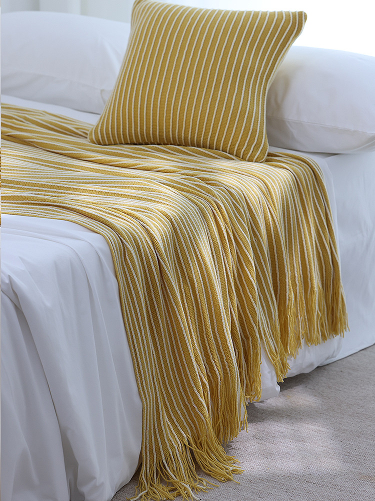 Yellow Cozy Knit Throw Blanket with Fringe - Stylish Striped Bed End Cover, 127x220CM โ image 2