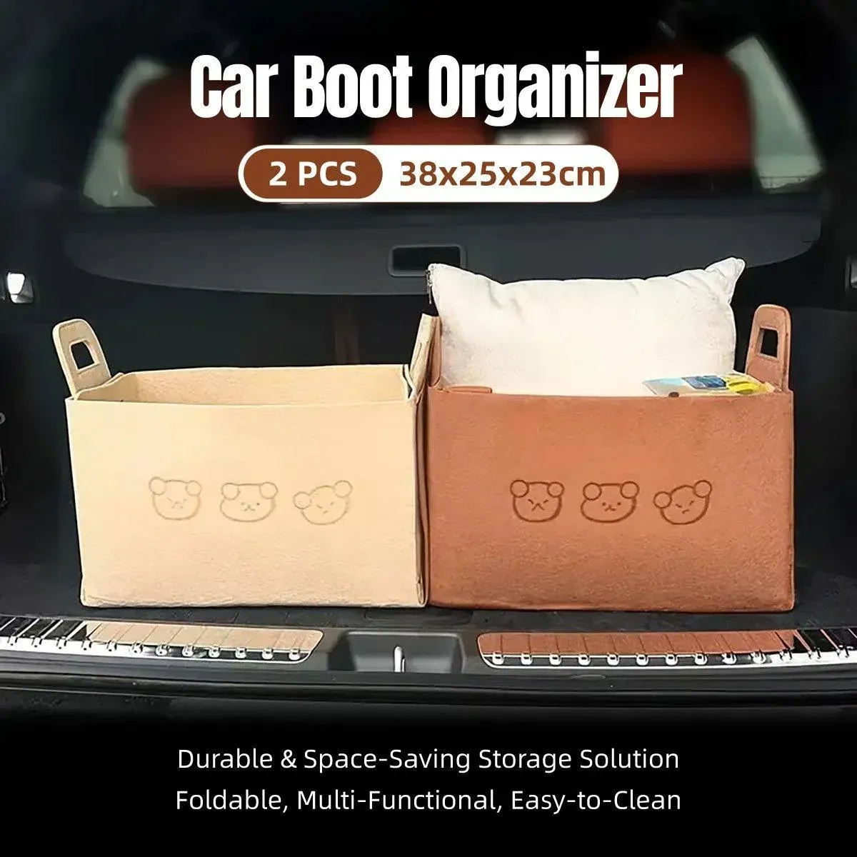 2pcs Felt Storage Basket Foldable Large Bear Basket Car Boot Basket for Dirty - Beige — image 2