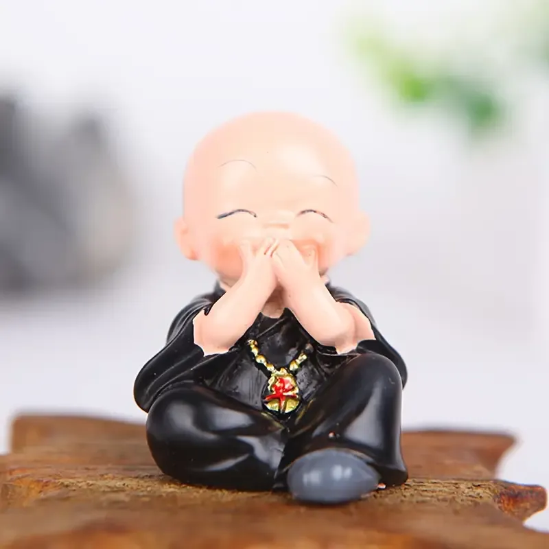 4-Pose Little Monk Resin Figurines, hand-painted, cover eyes/ears/mouth & cheek rest, mini size for car & desk decor, cute Zen vibes, stress-relief & healing — image 5