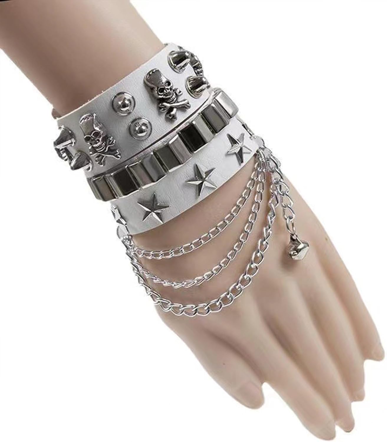 2-Piece Punk Rock Bracelet Set Studded Leather Cuff Bracelets with Metal Skull Adjustable Wrap Wrist Cuffs Vintage 80s Emo Goth Jewelry Accessories for — image 4