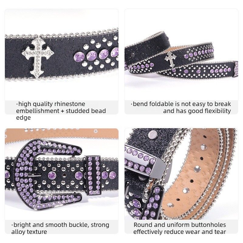 Y2K Bling Rhinestone Belt for Women Glitter Cross Studded Waist Strap Croc Texture Adjustable 135cm Dress Belt-Black-Purple — image 2