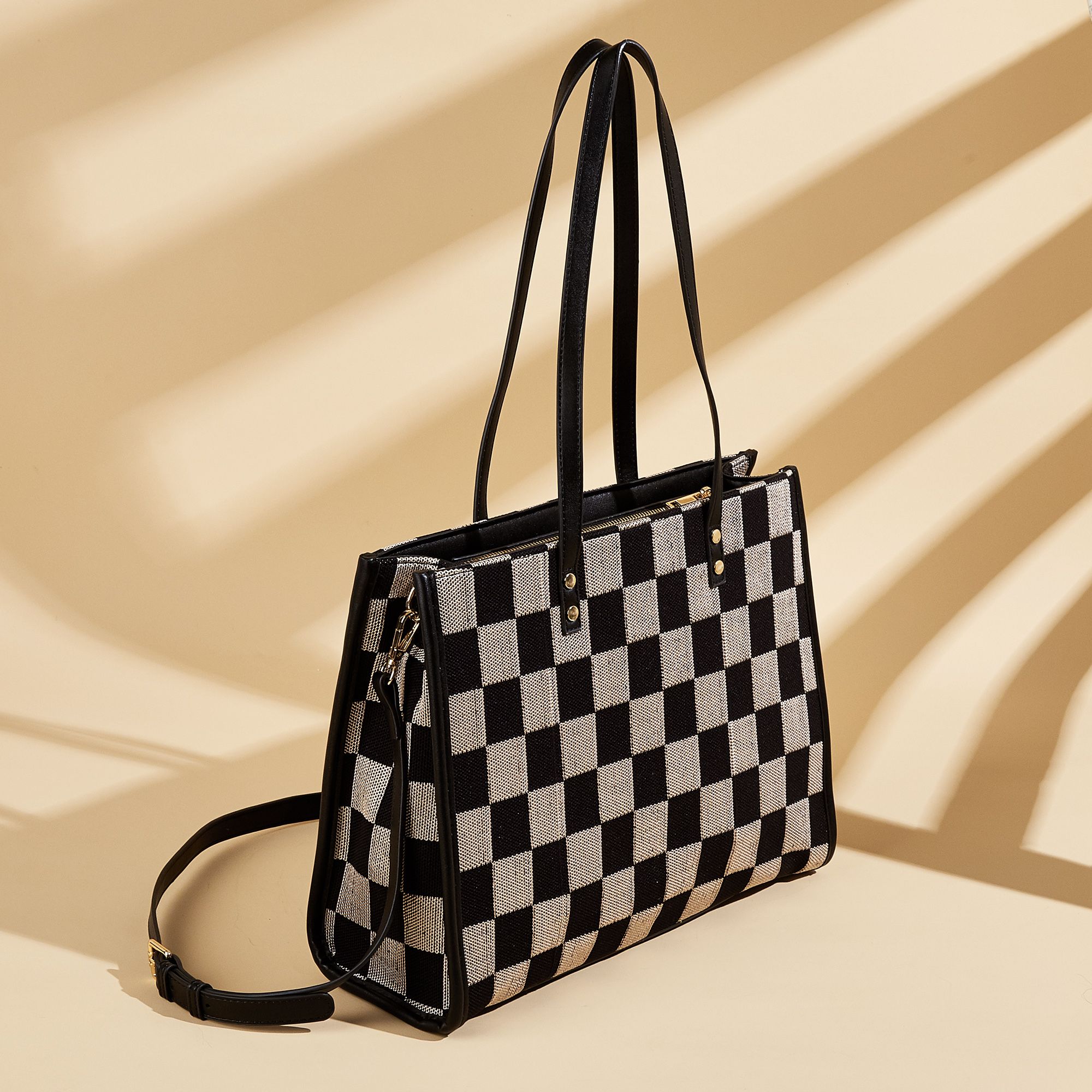 Stylish Black Khaki Checkerboard Tote Bag Large Capacity Women’s Shoulder Handbag for Work & Daily Use — image 6