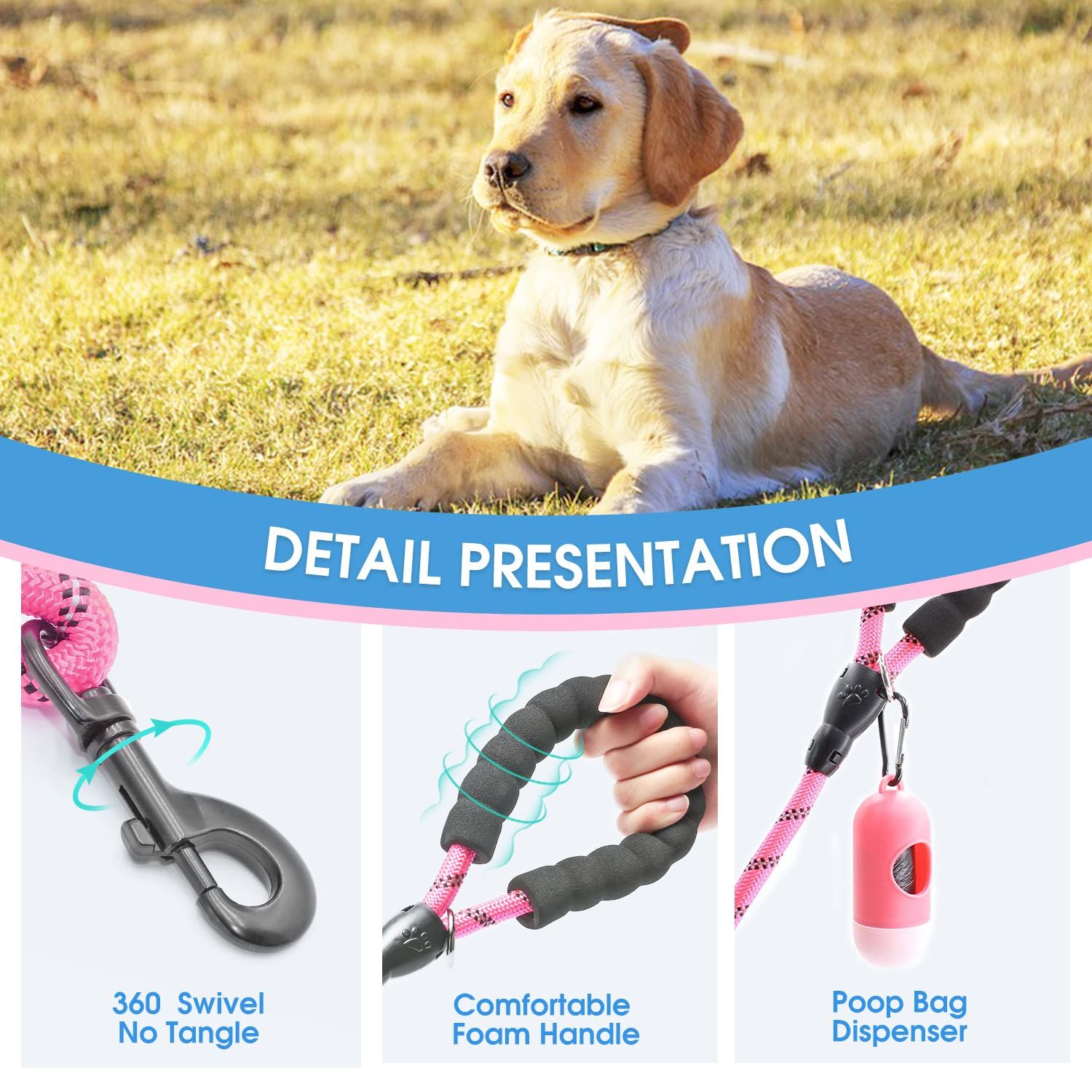 Rope Dog Leash with Comfortable Padded Handle and Highly Reflective Threads for Small Medium Dogs — image 3